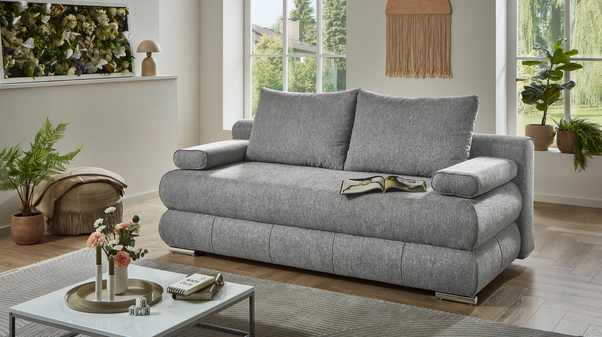 Schlafsofa grau Bettkasten ausziehbar Federkern 199 cm - BORNA