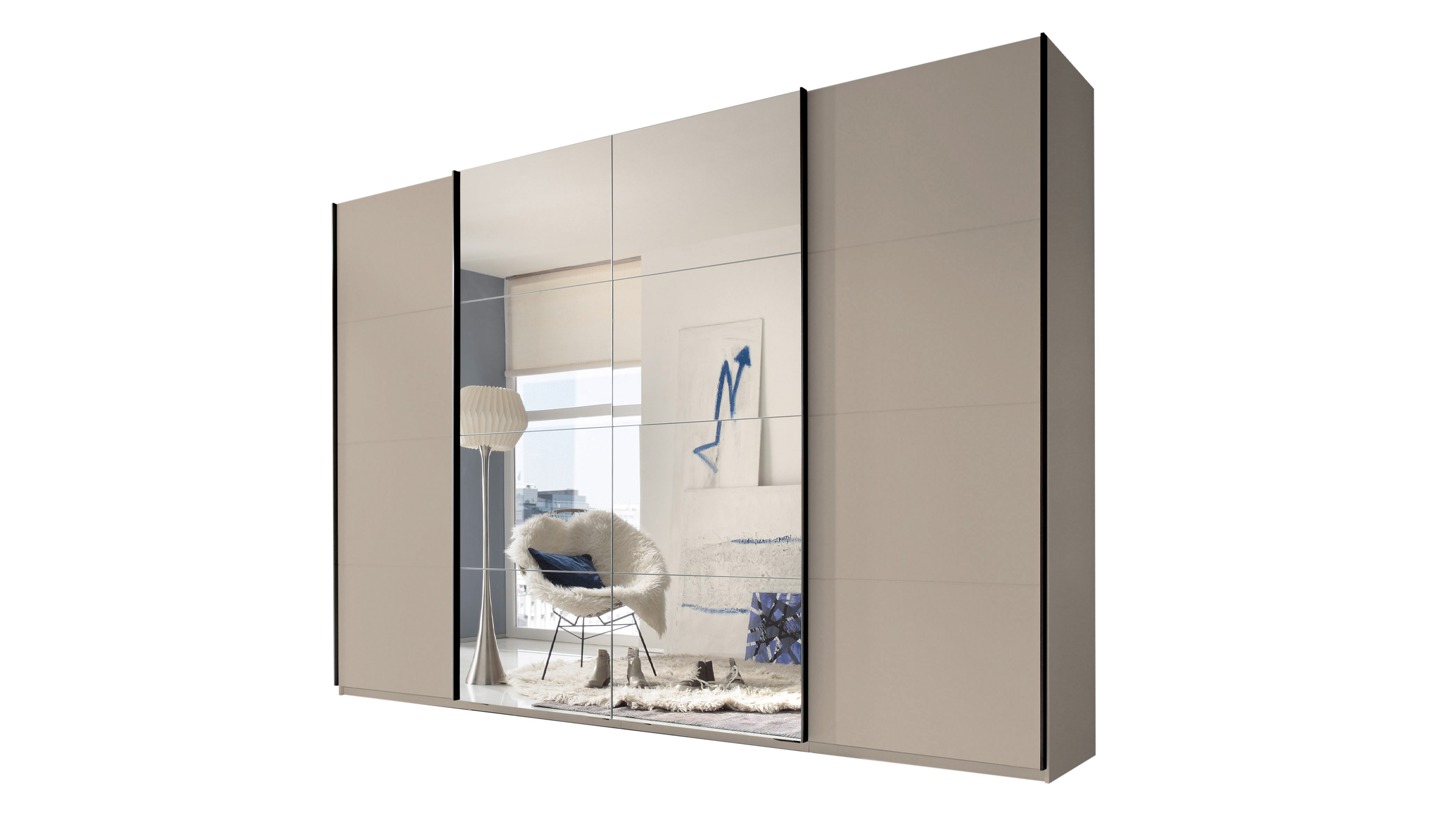 Schwebetürenschrank mit Spiegel - Beige-Kaschmir - 315 cm - SYNCHRO