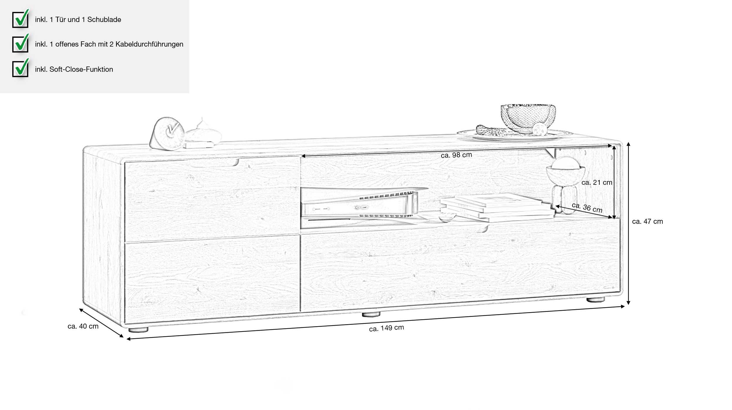TV - Lowboard Wildeiche massiv geölt 149 cm - LUCAS