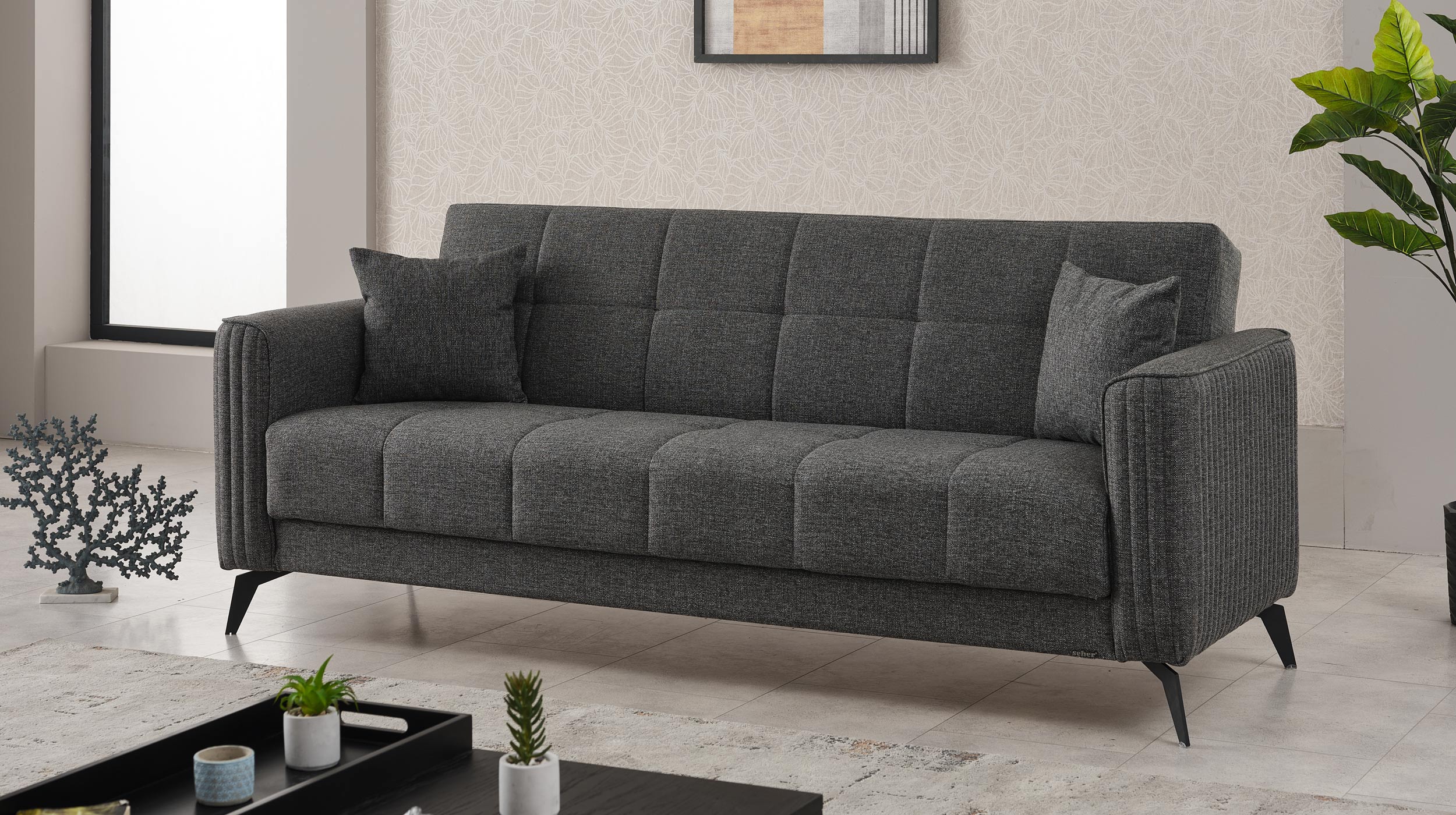 Einzelsofa 3-Sitzer mit Schlaffunktion 220 cm anthrazit - BELSAMO