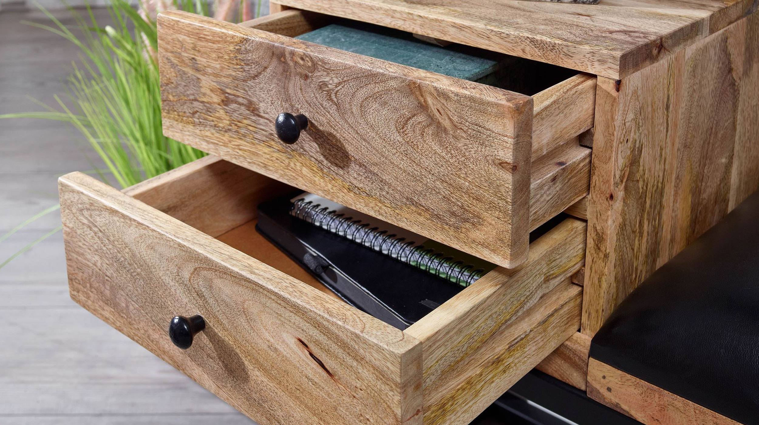 Sitzbank mit Schubladen 100 cm Mangoholz massiv - Leder - MAIGA