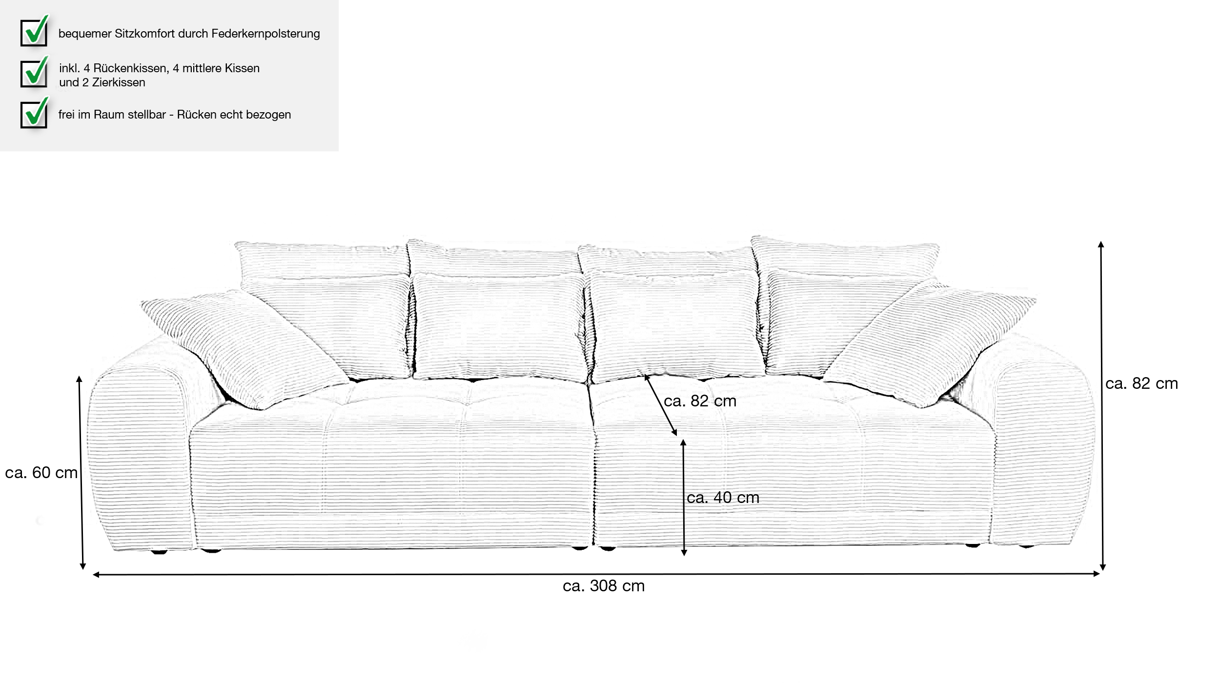Big Sofa Cord grün - 308 cm - Federkern - JANNI