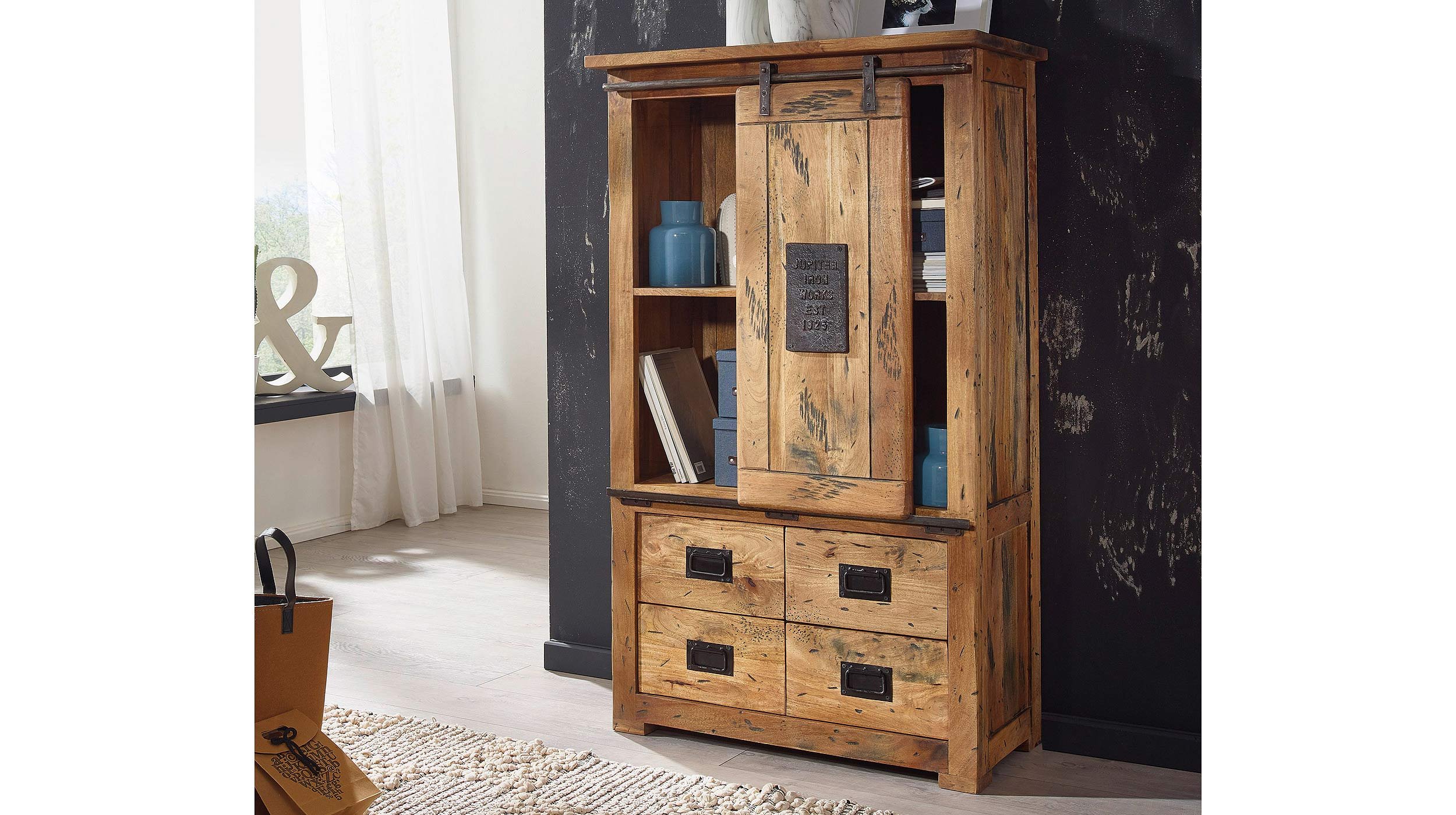 Highboard mit 1 Rolltür Mango massiv 90 cm - EMANUEL