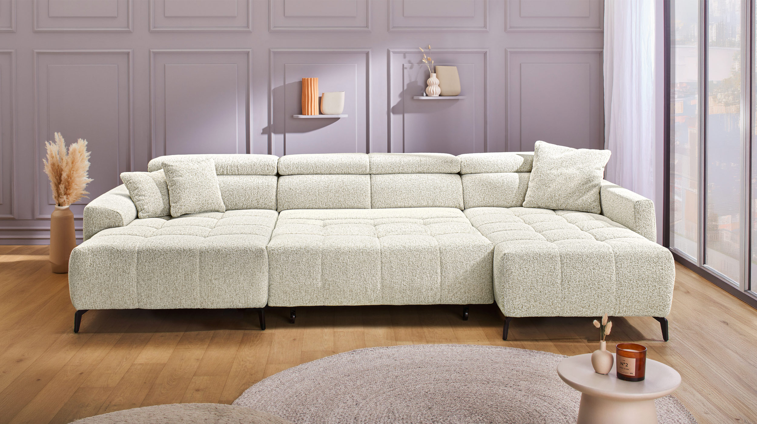Wohnlandschaft beige elektrisch ausfahrbar 358 cm - ULTIMA