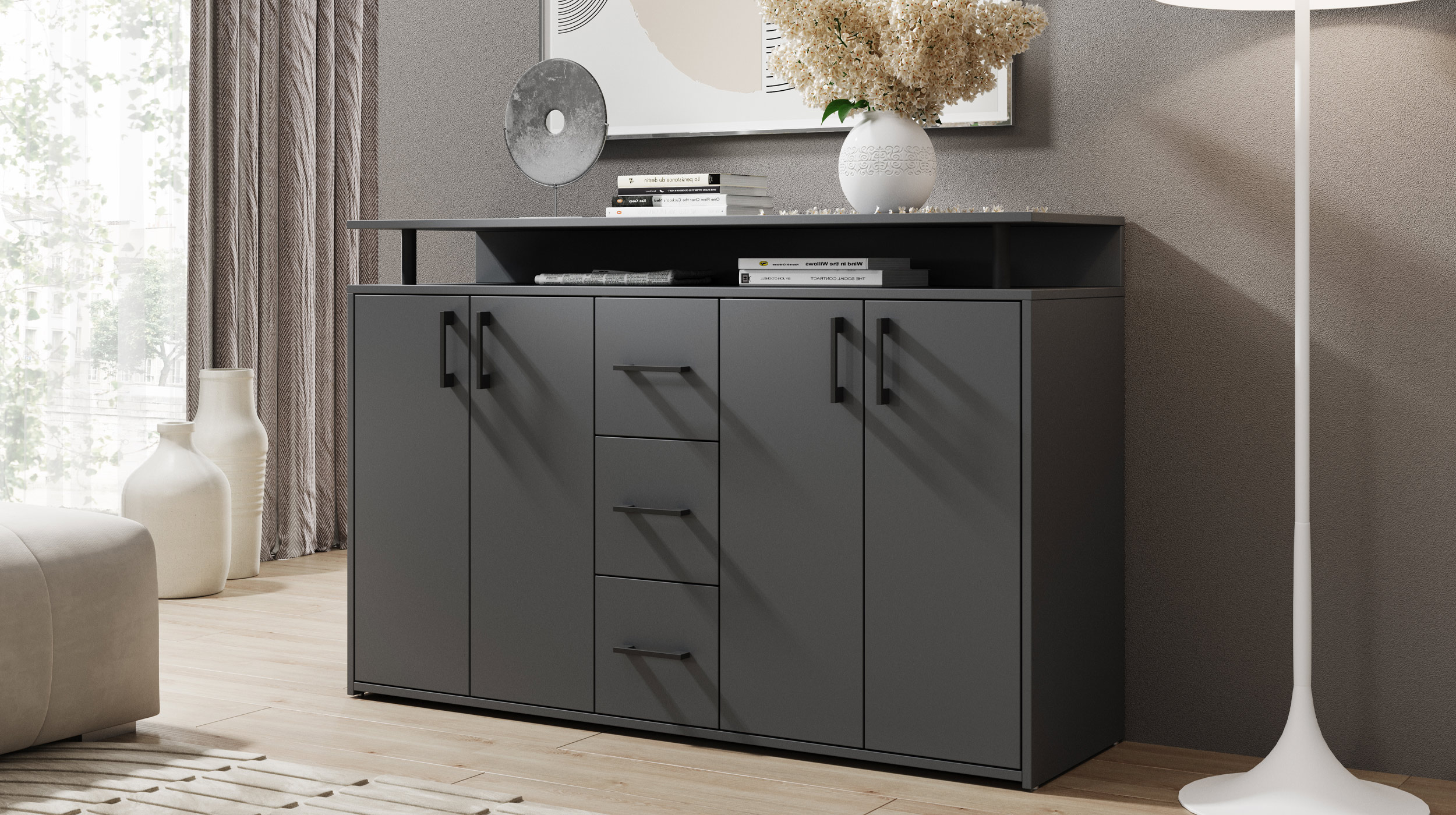 Highboard 4 Türen 3 Schubladen Anthrazit 139 cm - DRIFT