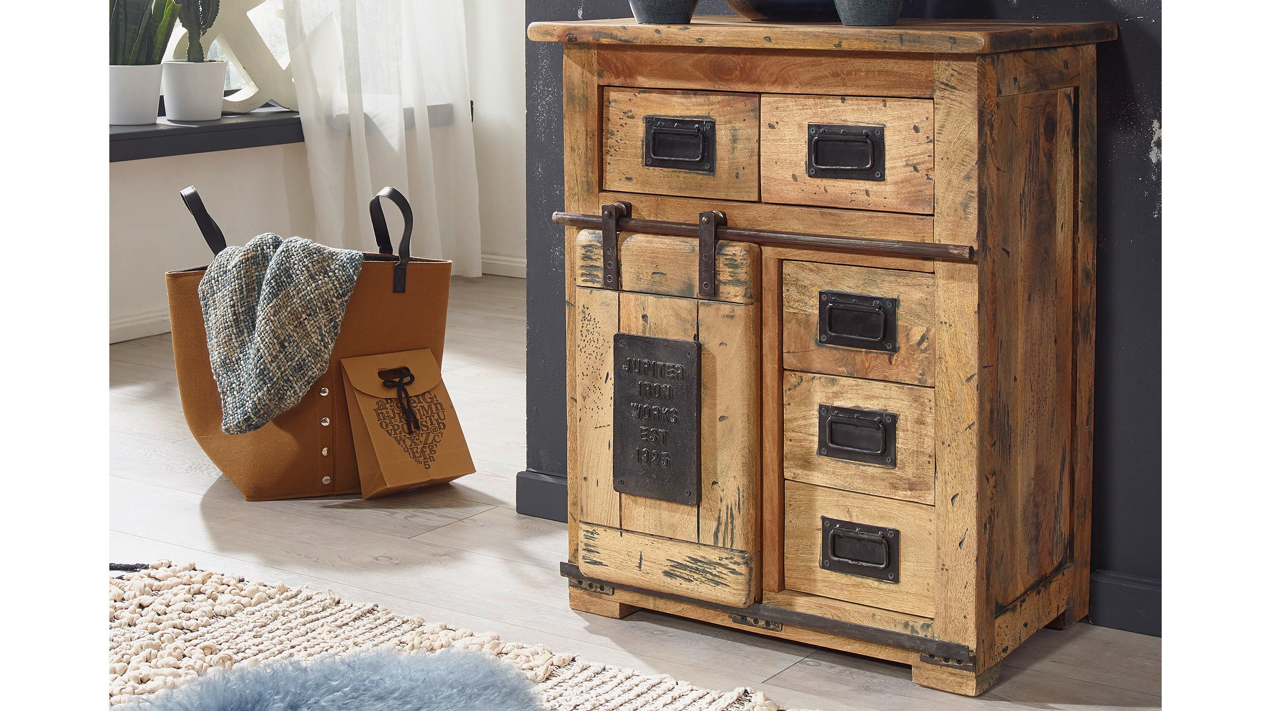Sideboard mit 1 Rolltür Mango massiv 70 cm - EMANUEL