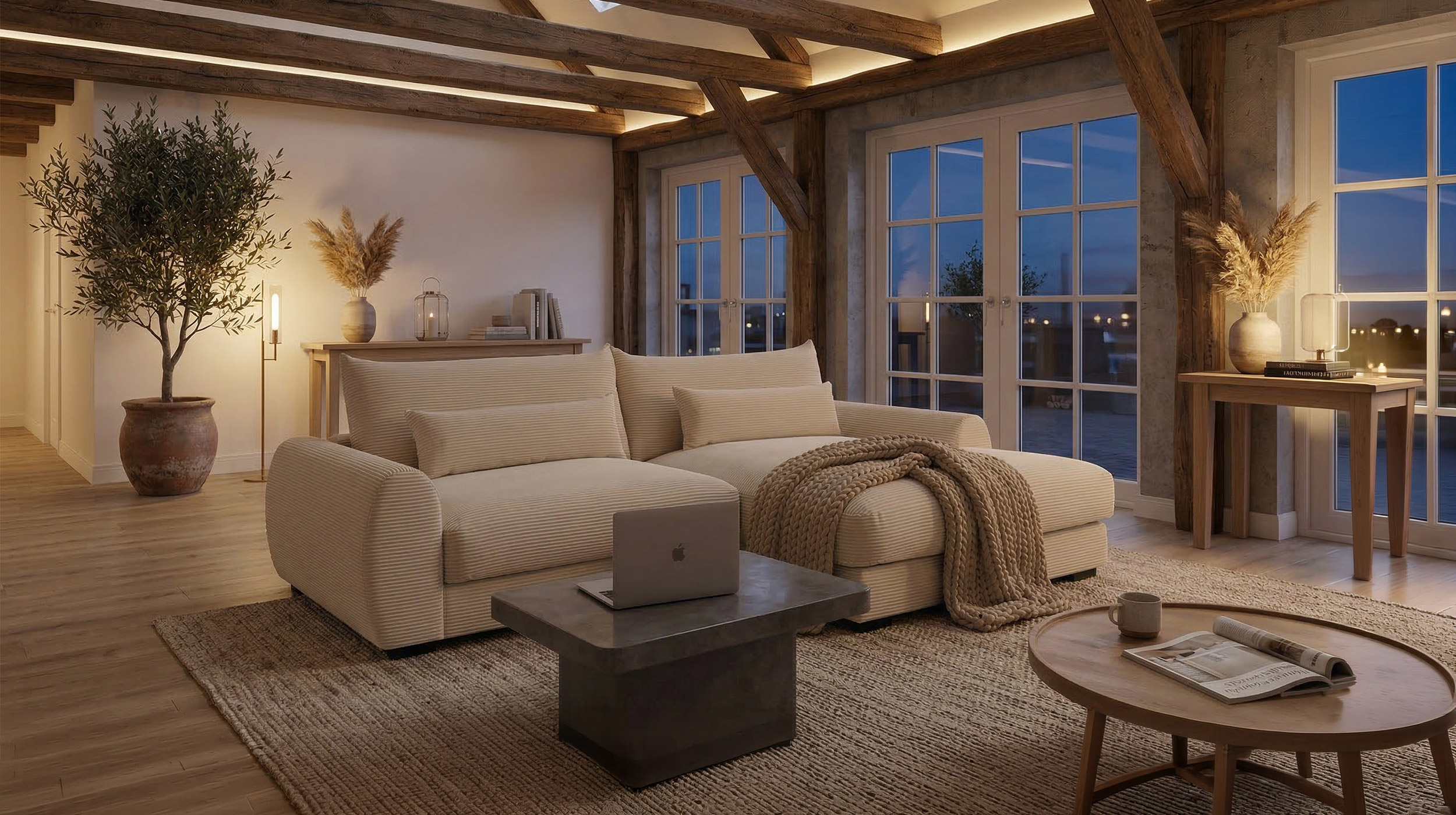 Ecksofa creme Cord 265 x 180 cm OT rechts - MARK
