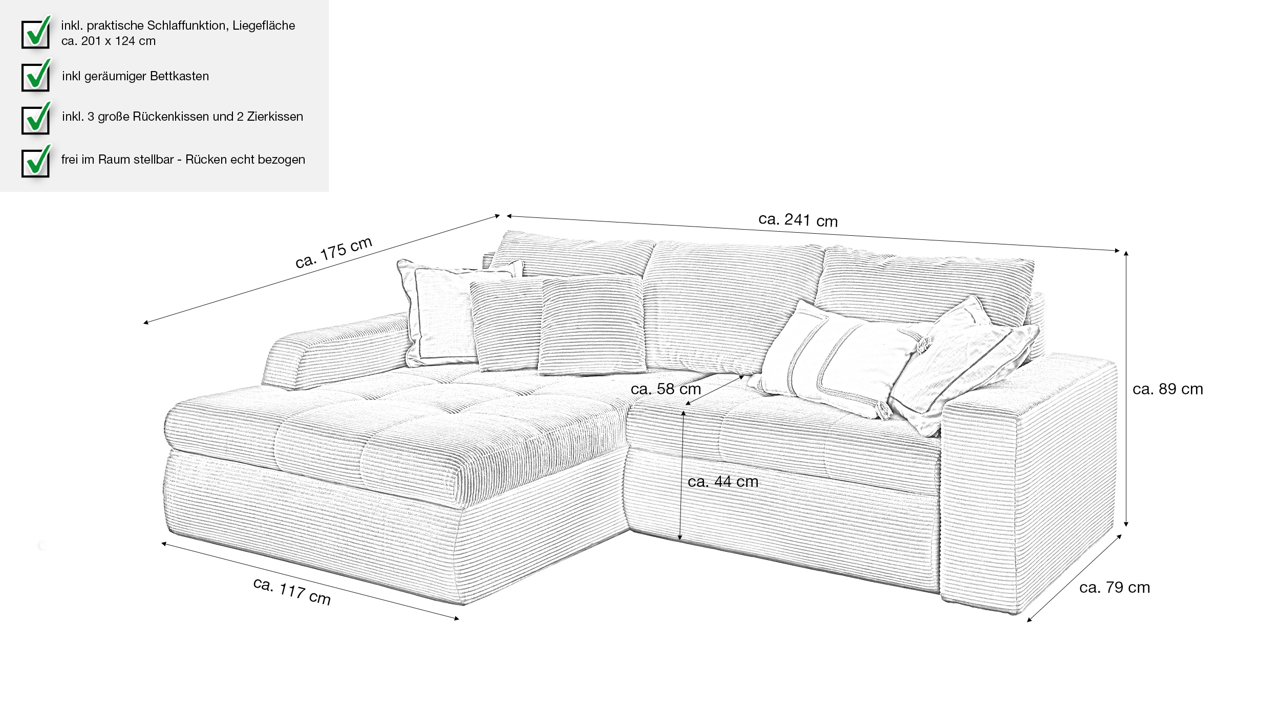 Ecksofa Cord grau mit Schlaffunktion 241 x 175 cm - LUNO