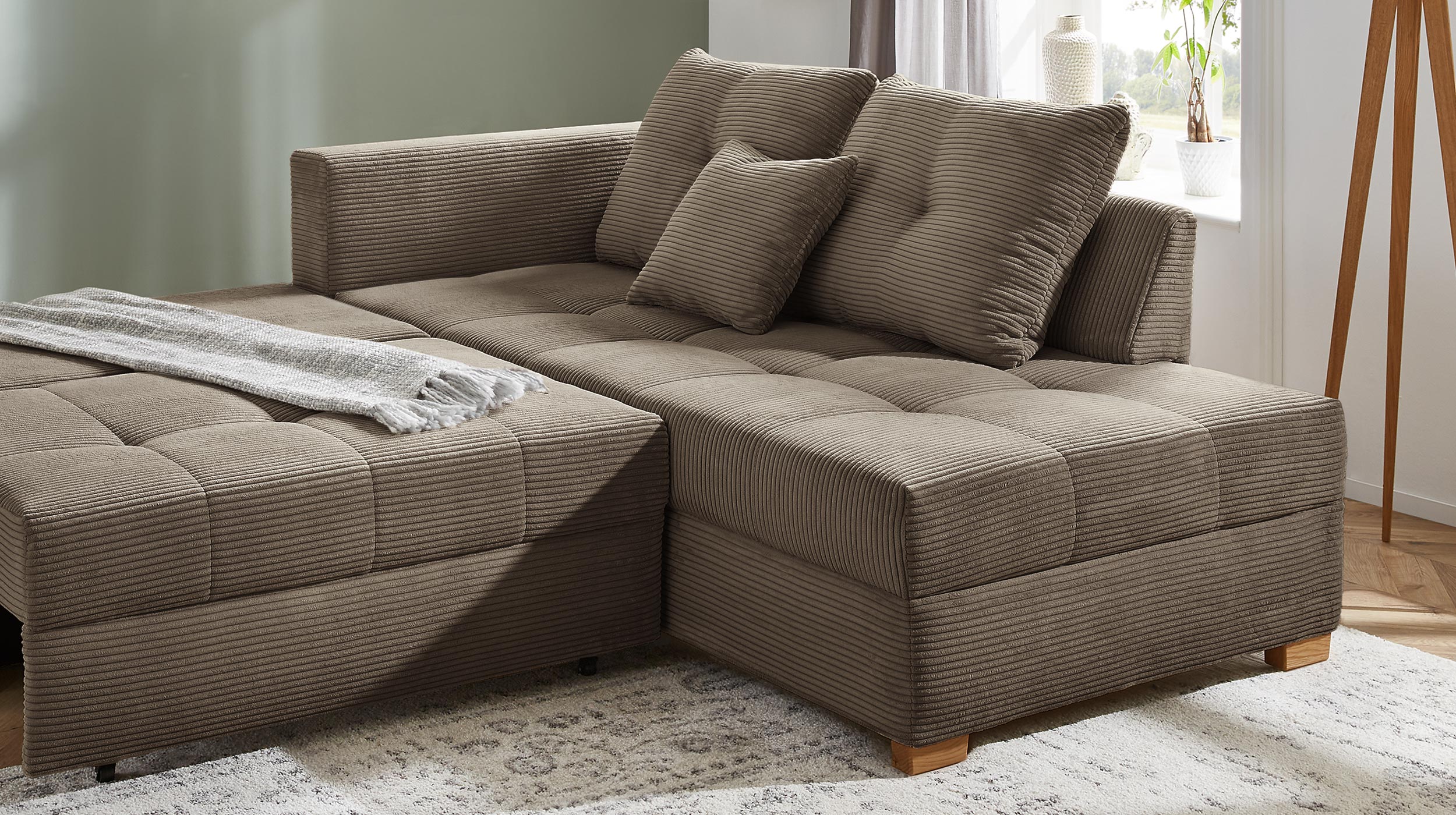 Ecksofa Cord taupe 228 cm - Schlaffunktion Bettkasten - HEIDELBERG
