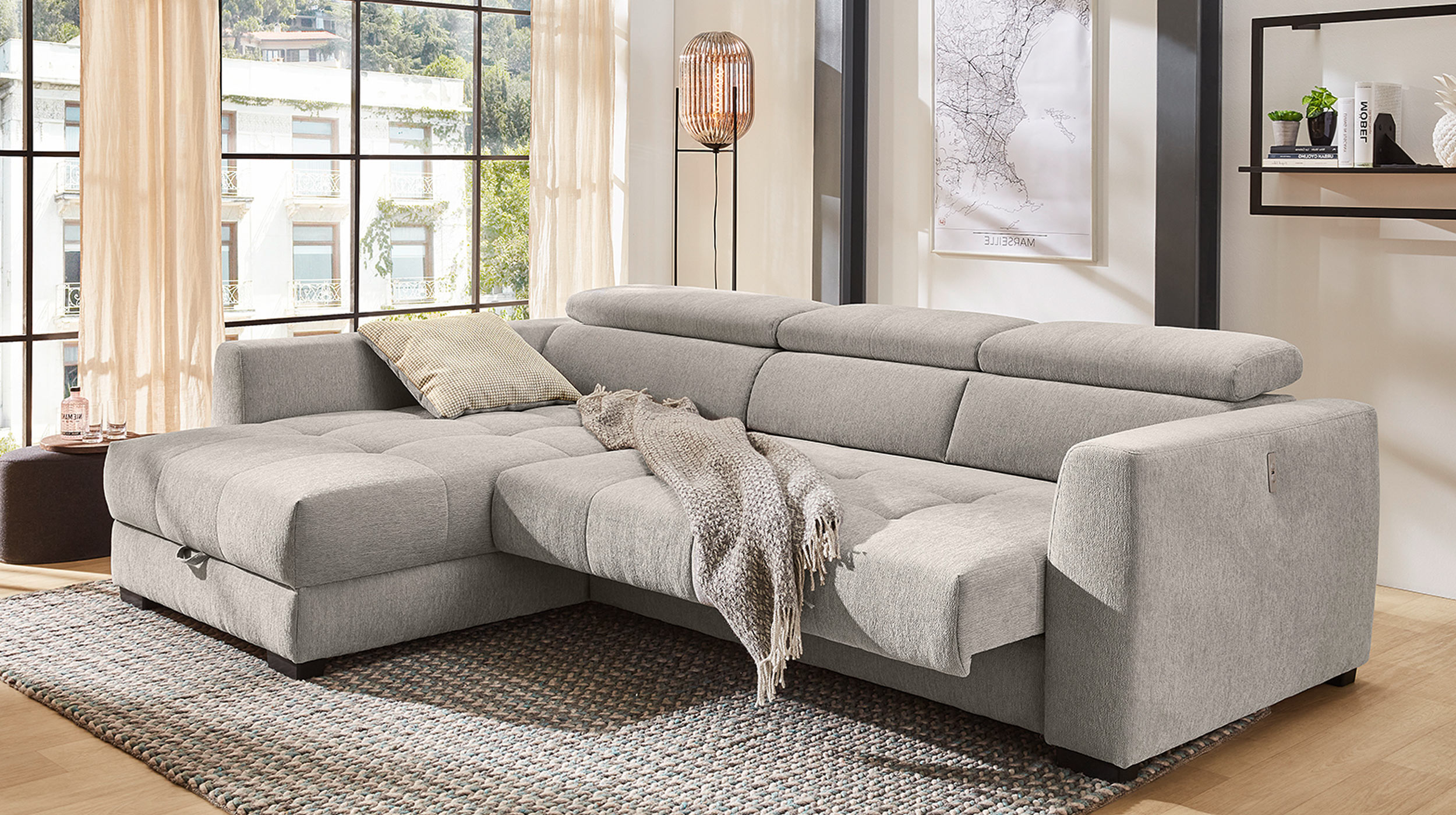 Ecksofa mit Bettkasten elektrisch ausfahrbar grau 300 cm - FIORINA
