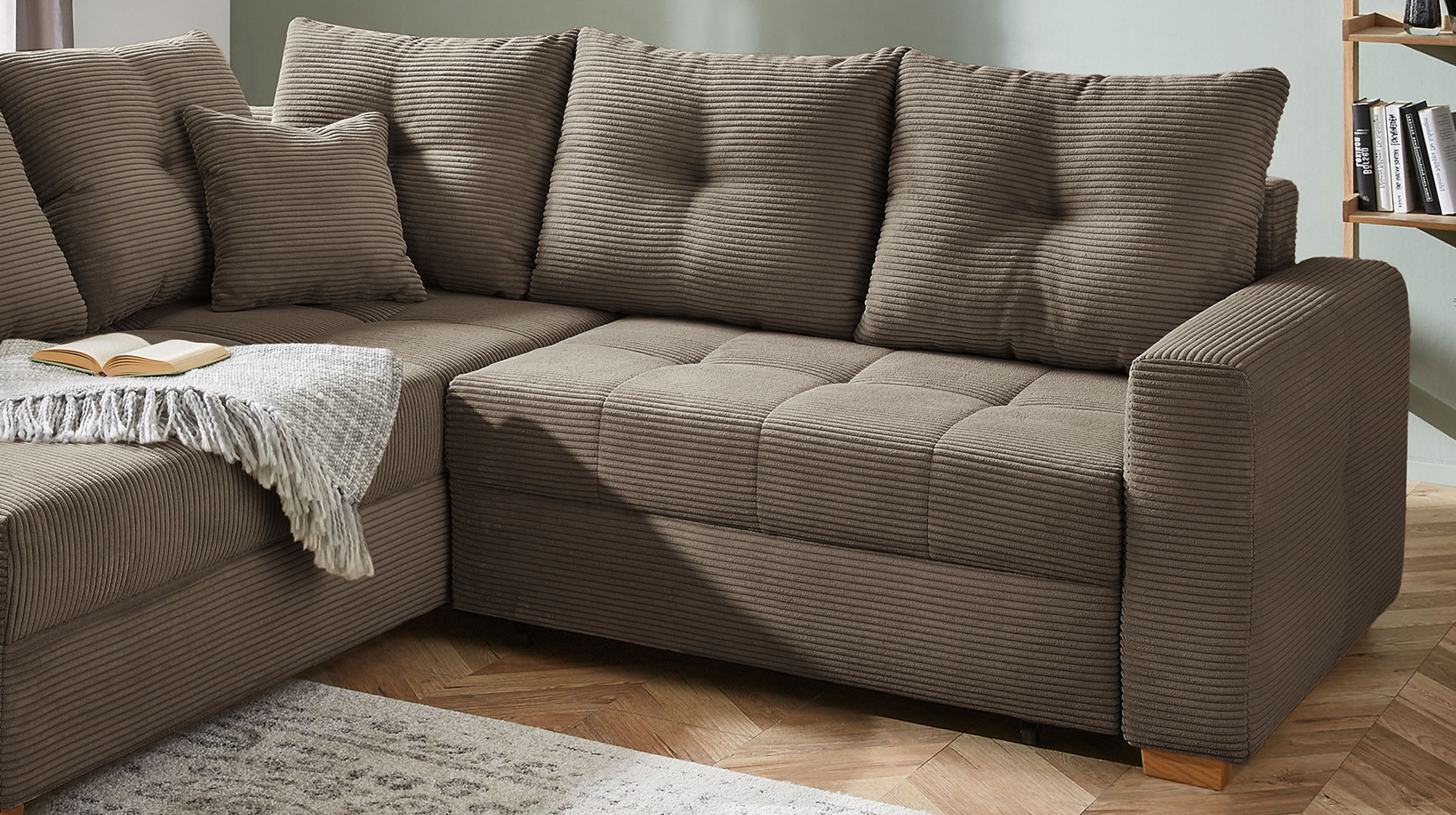 Ecksofa Cord taupe 228 cm - Schlaffunktion Bettkasten - HEIDELBERG