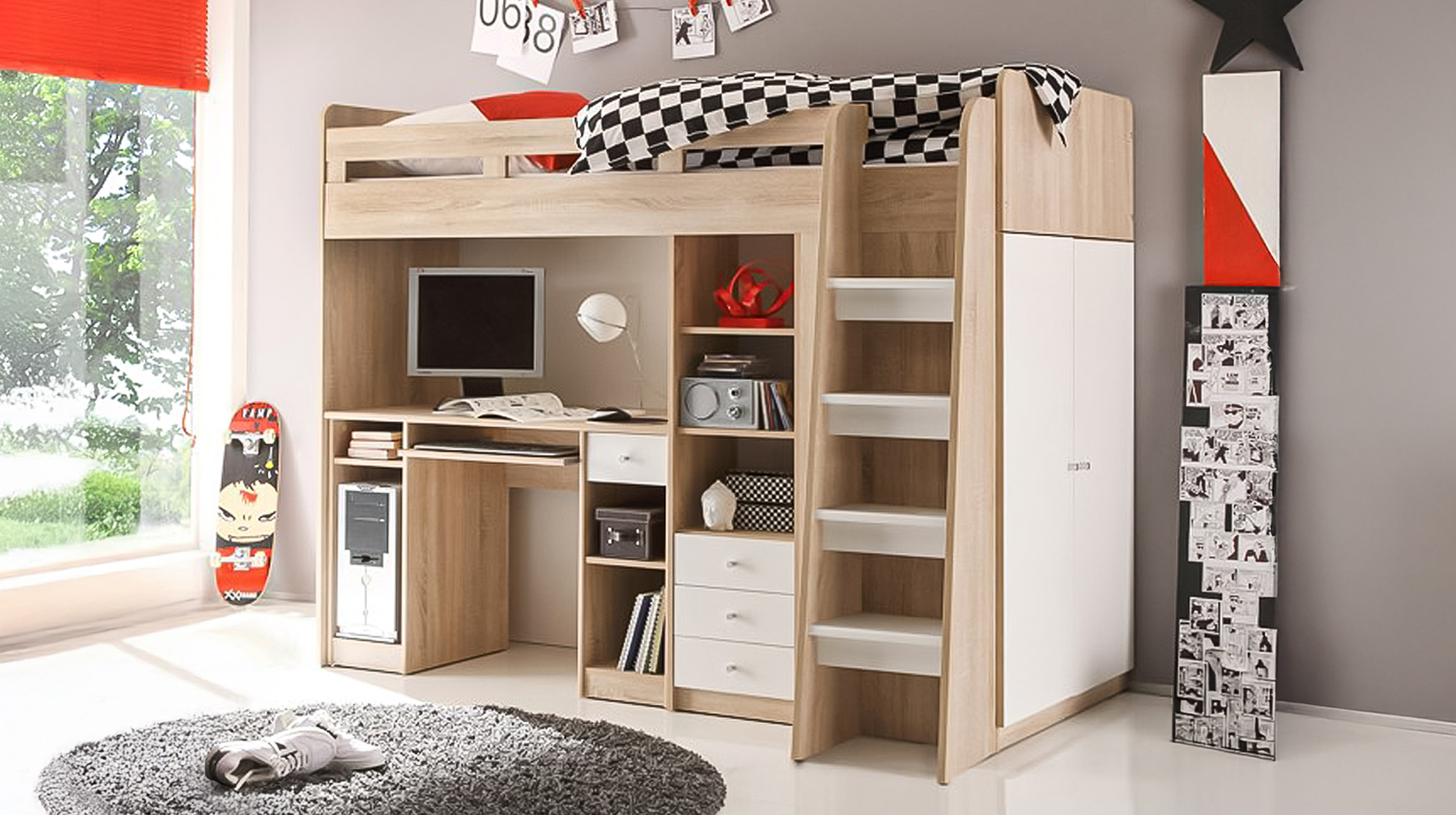 Hochbett mit Schreibtisch 90 x 200 cm Eiche - weiß Kinderbett - UNIT