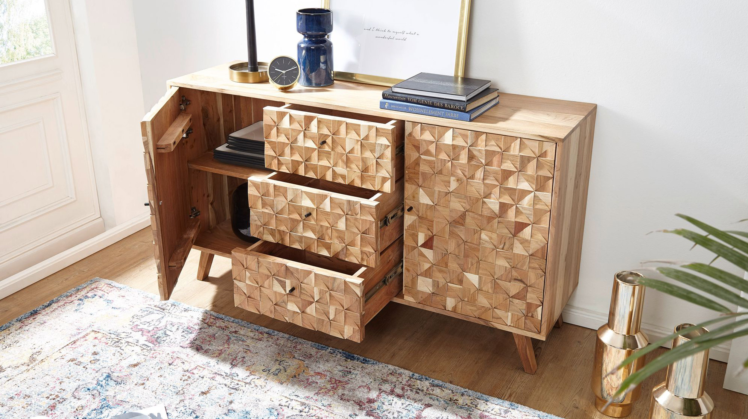 Sideboard 3 Schubladen aus massiver Akazie lackiert 140 cm - REIDAR