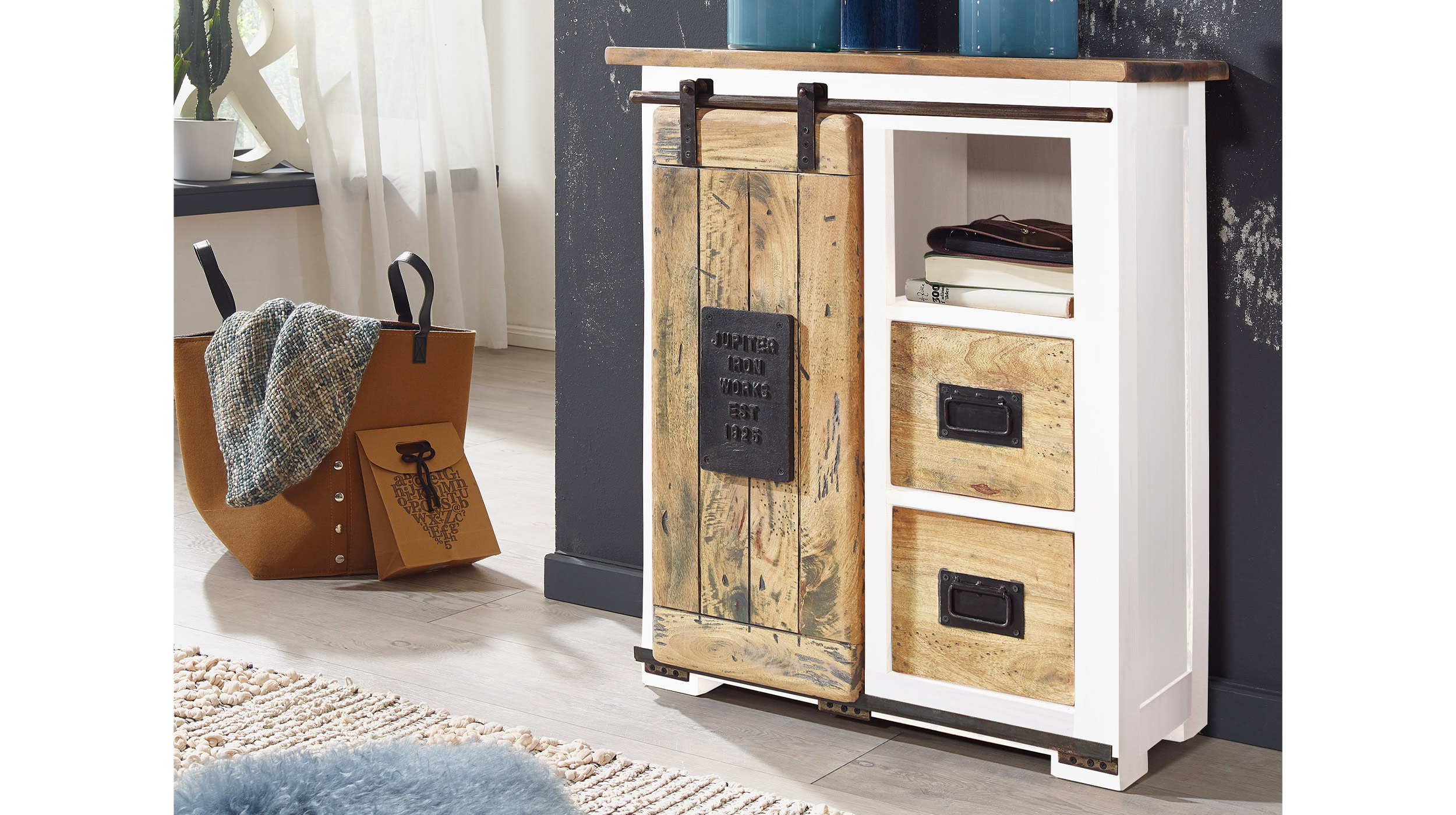 Sideboard mit 1 Rolltür Mango massiv weiß 75 cm - EMANUEL