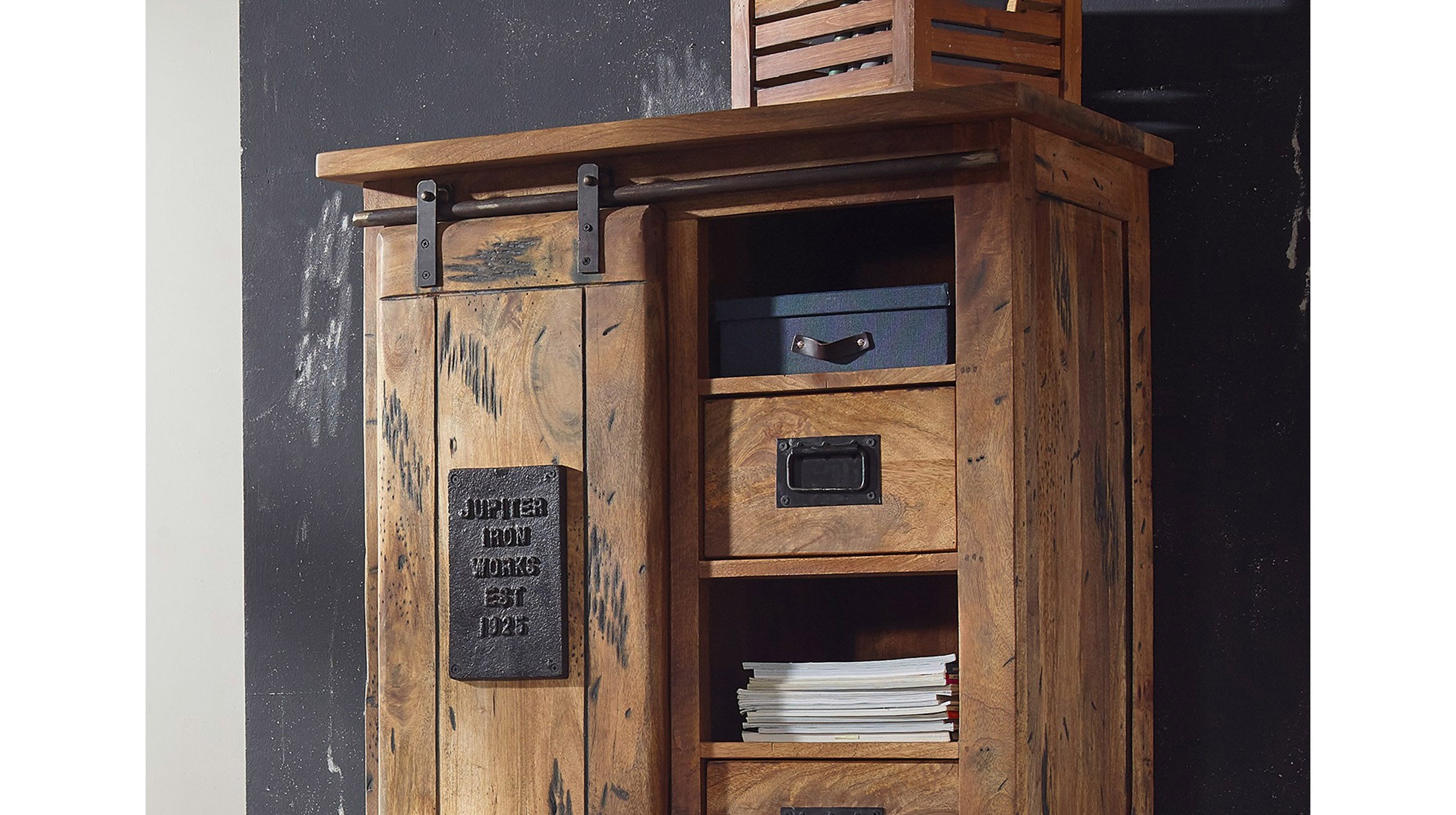 Highboard mit 2 Rolltüren Mango massiv 80 cm - EMANUEL