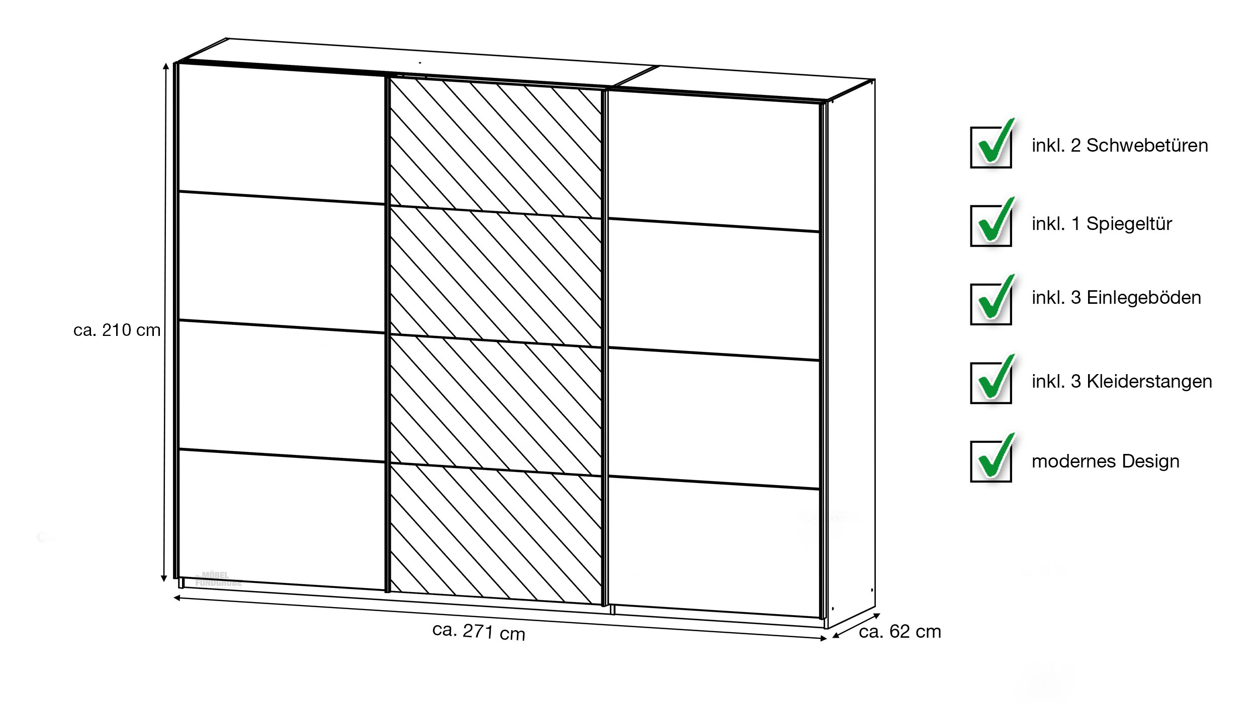 Schwebetürenschrank weiß 271 cm Spiegel - rauch - KULMBACH