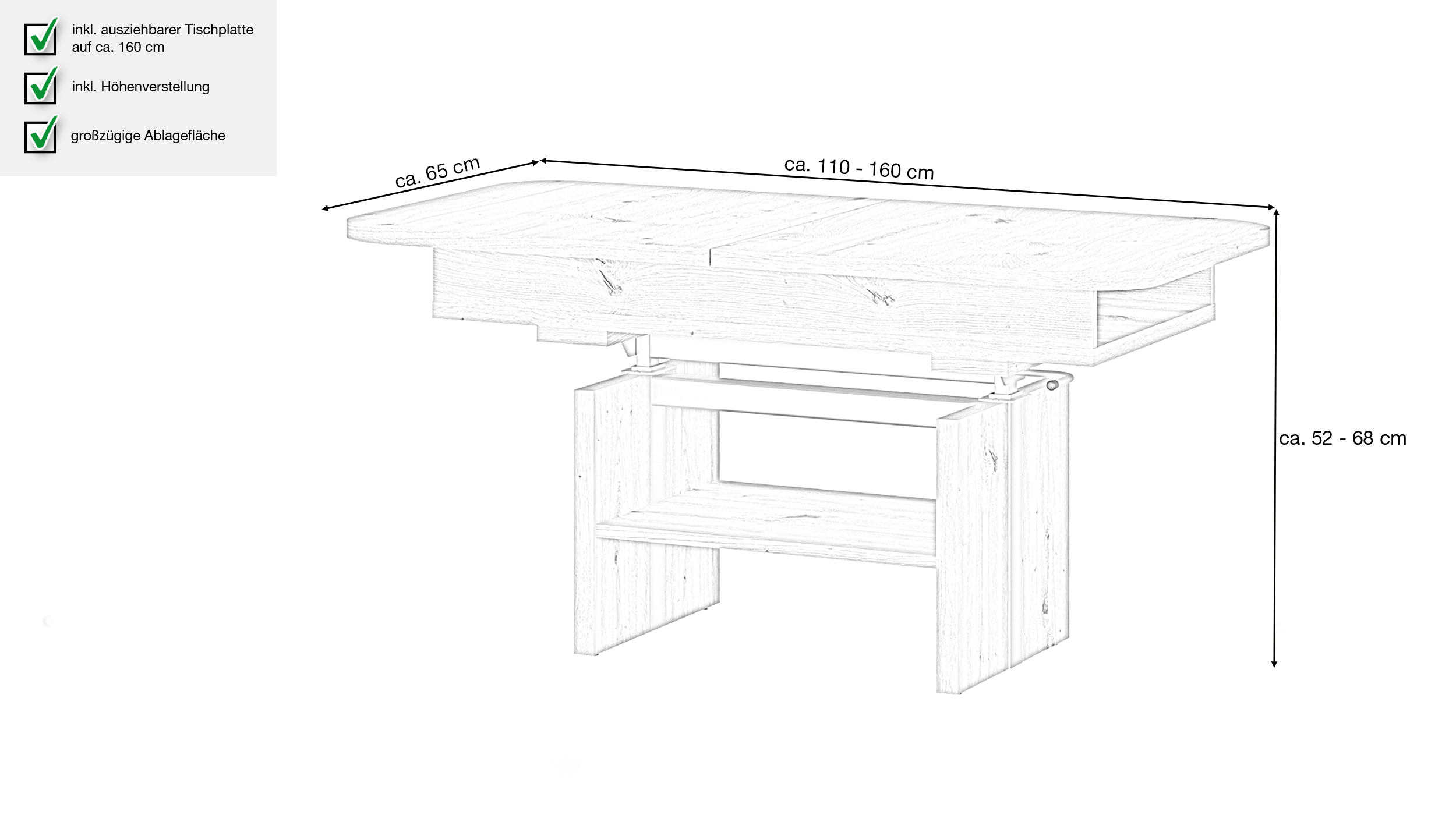 Couchtisch höhenverstellbar Artisan Eiche 110 cm - ausziehbar - CORTADO