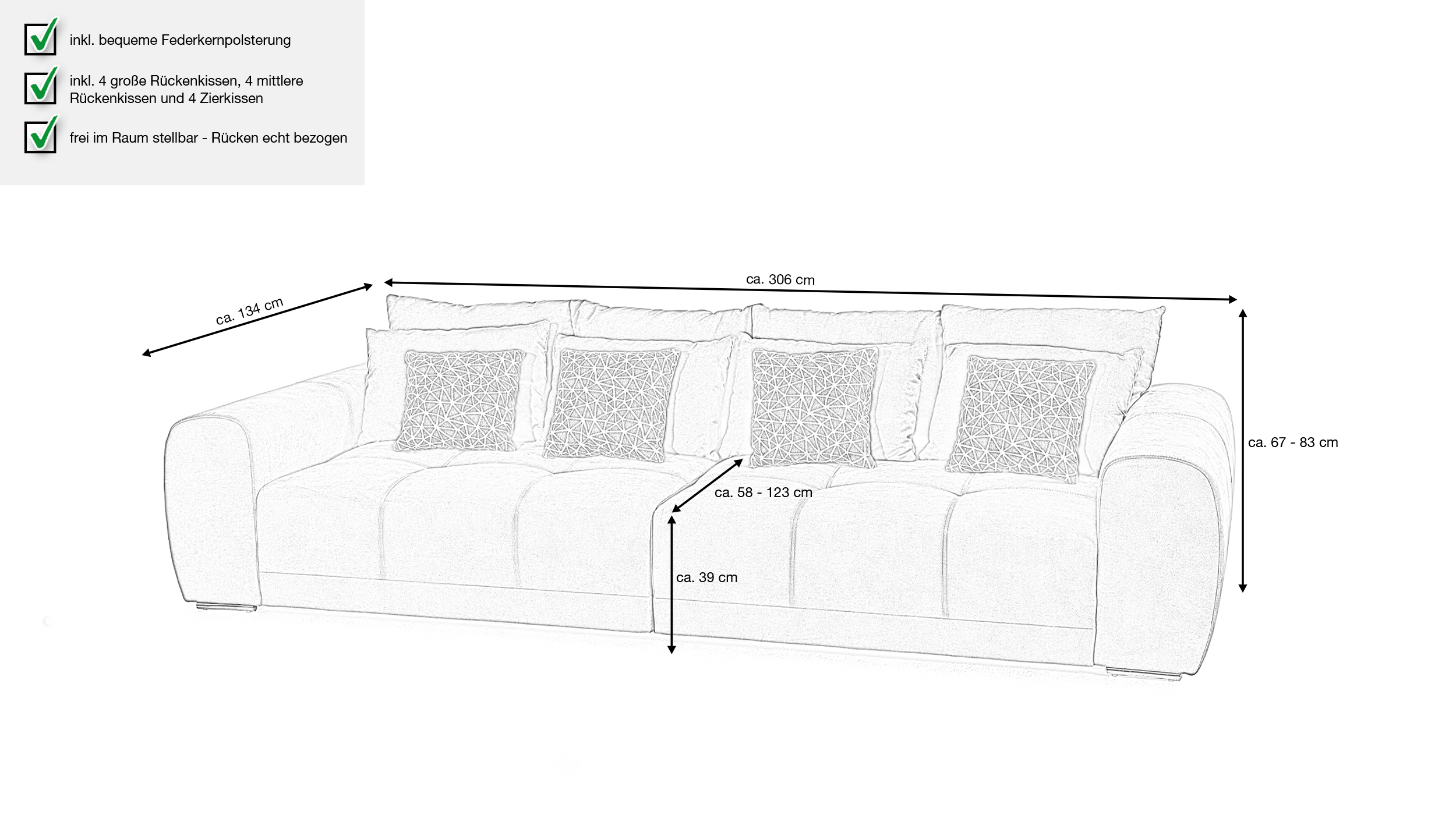 Big Sofa mit Federkern hellgrau 306 x 134 cm - MOLDAU