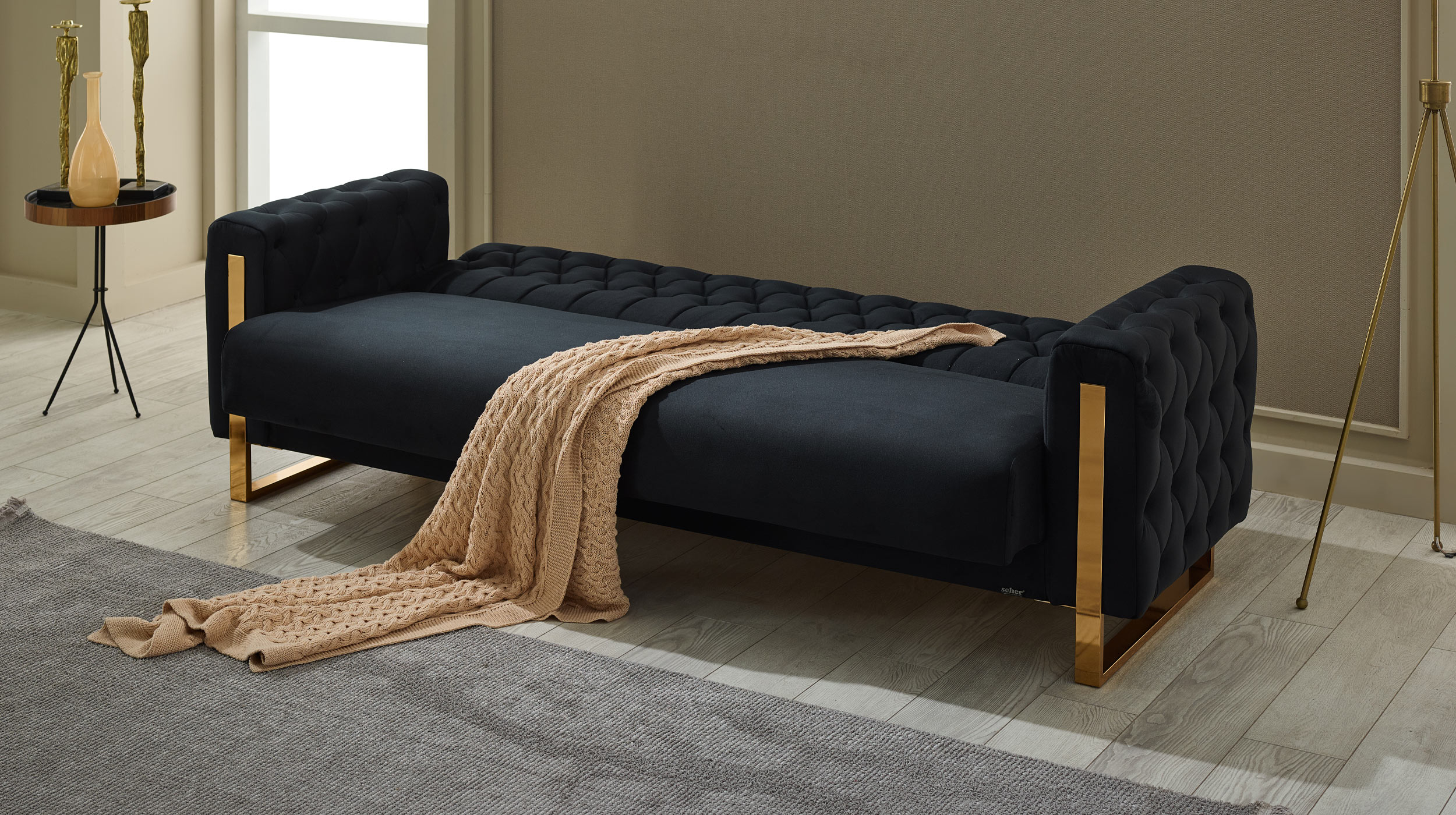 Einzelsofa mit Bettkasten 3-Sitzer schwarz - gold 235 cm - CRYSTAL