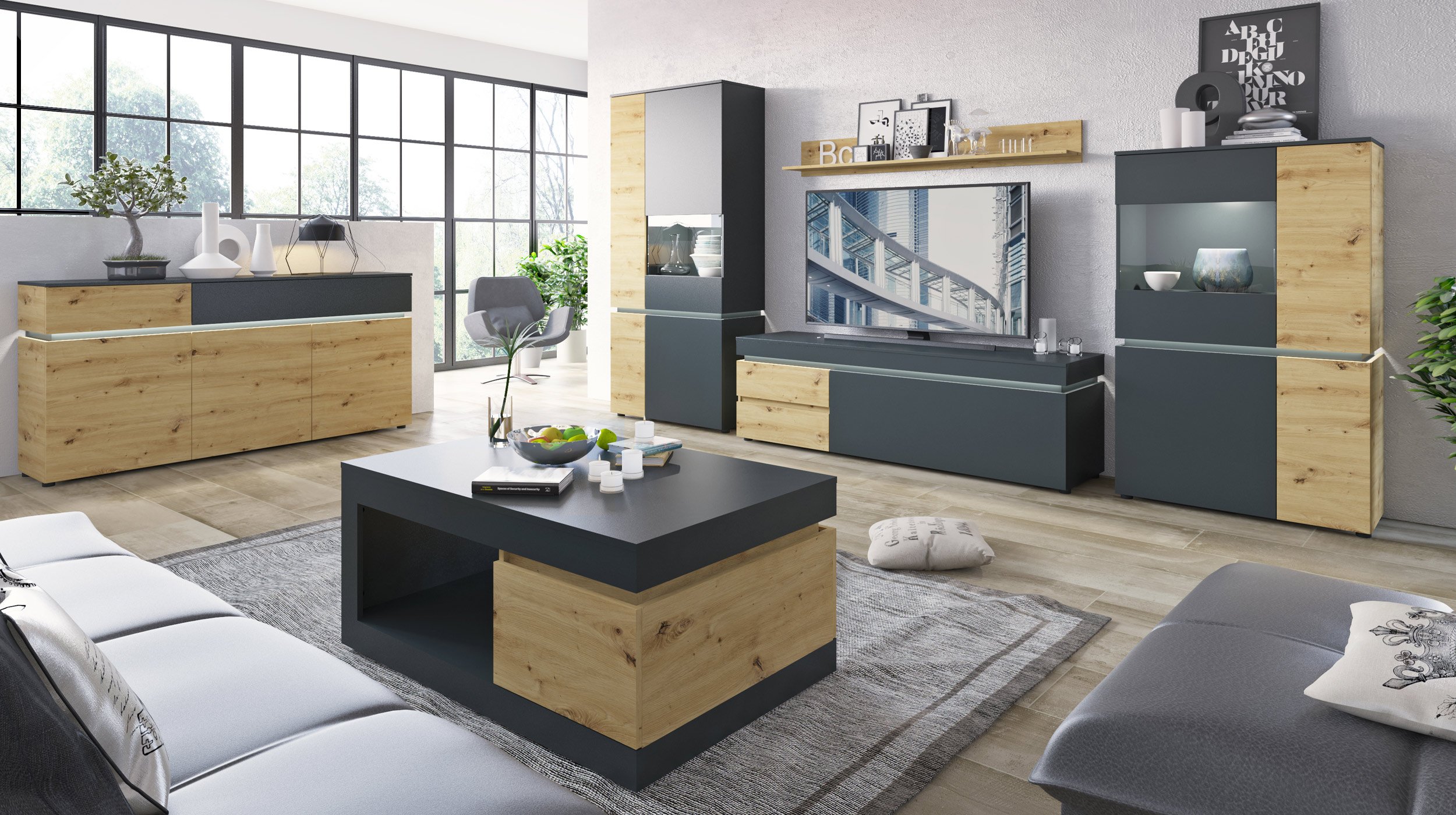 Vitrine mit Beleuchtung Artisan Eiche - grau B 90 x H 199 cm - LUCI