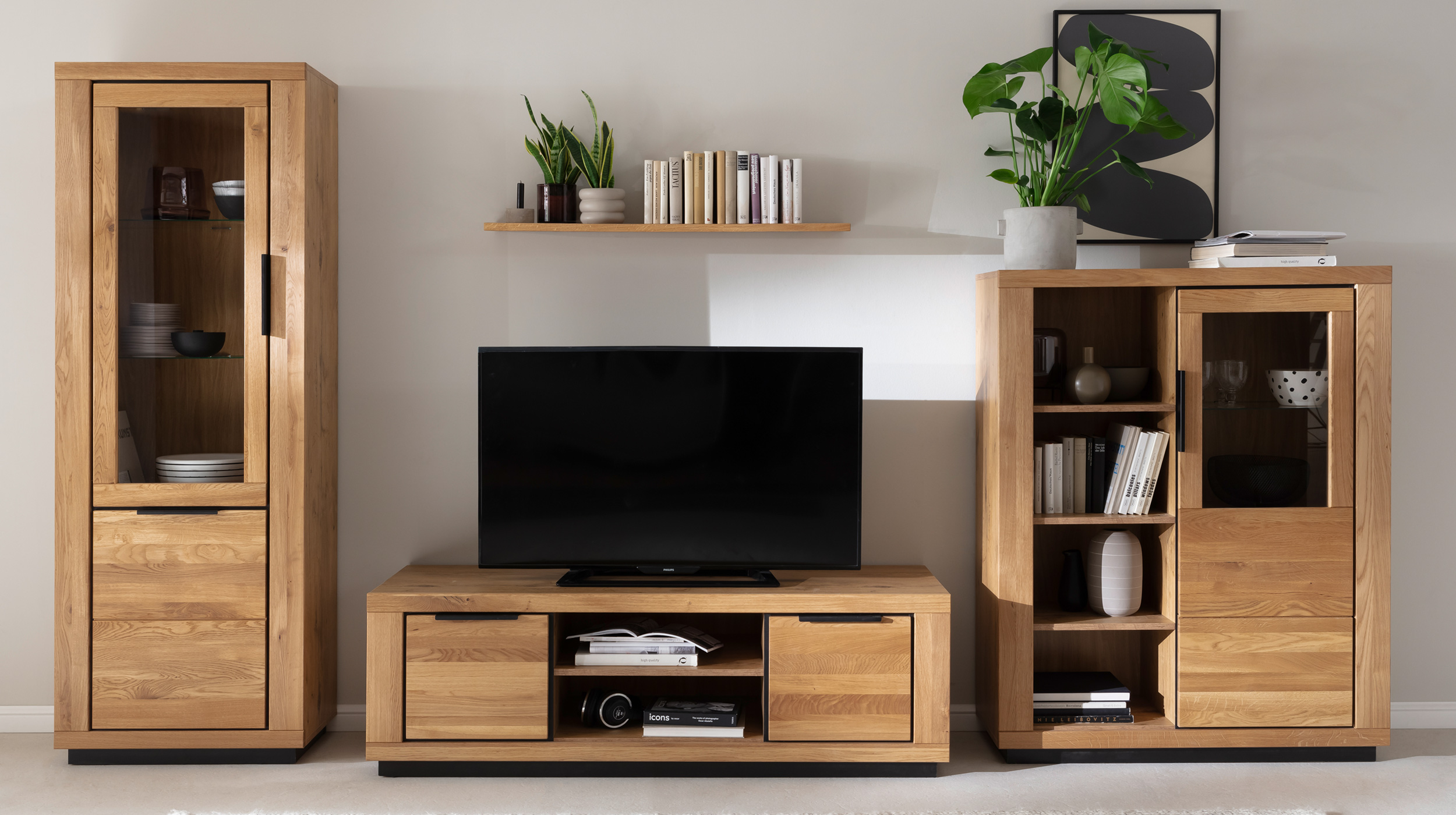 Vitrine mit Glastür Wildeiche teilmassiv geölt Breite 72 cm - GRENO