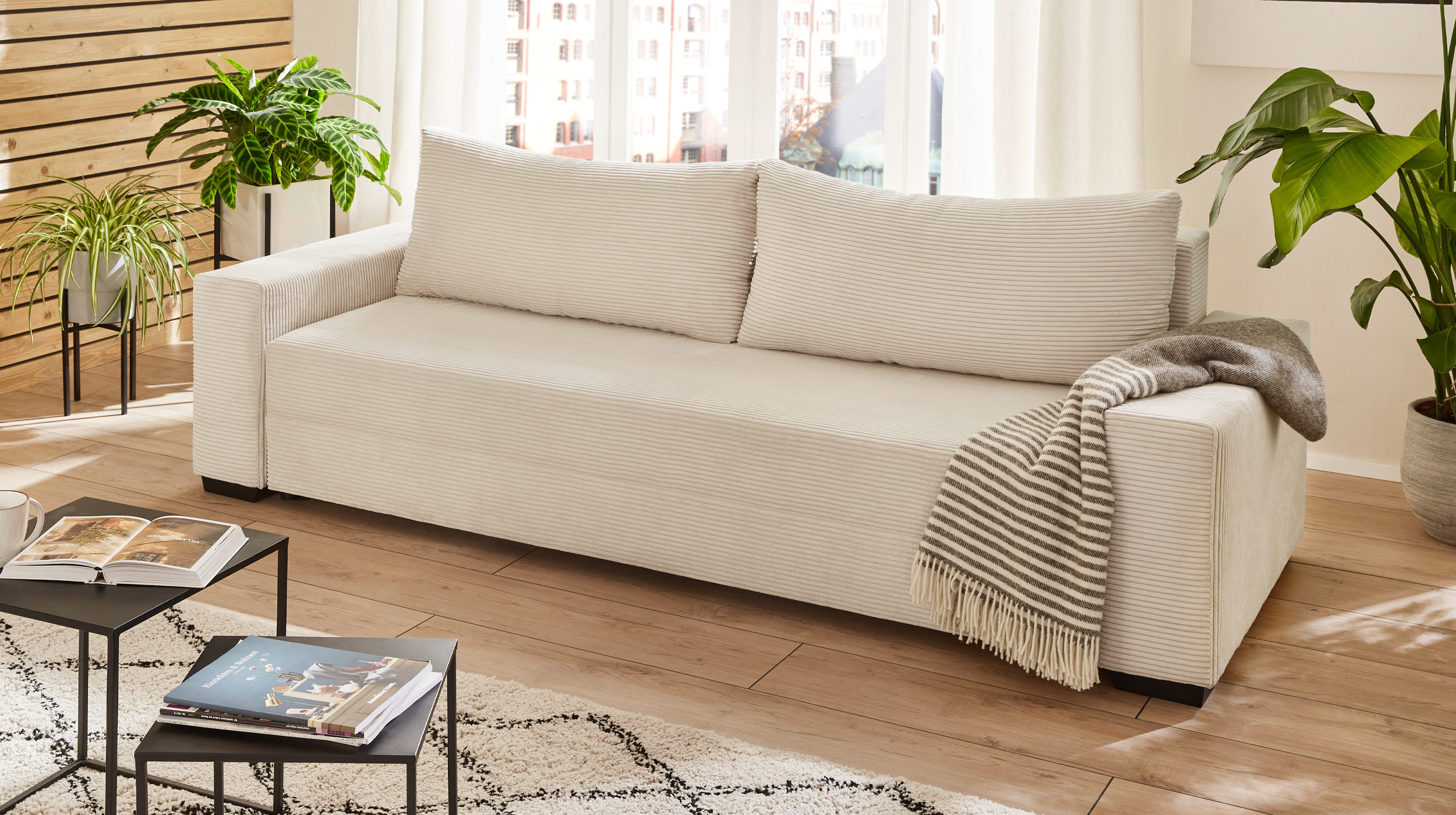 Schlafsofa Cord beige mit Bettkasten Federkern 240 cm - TRIER