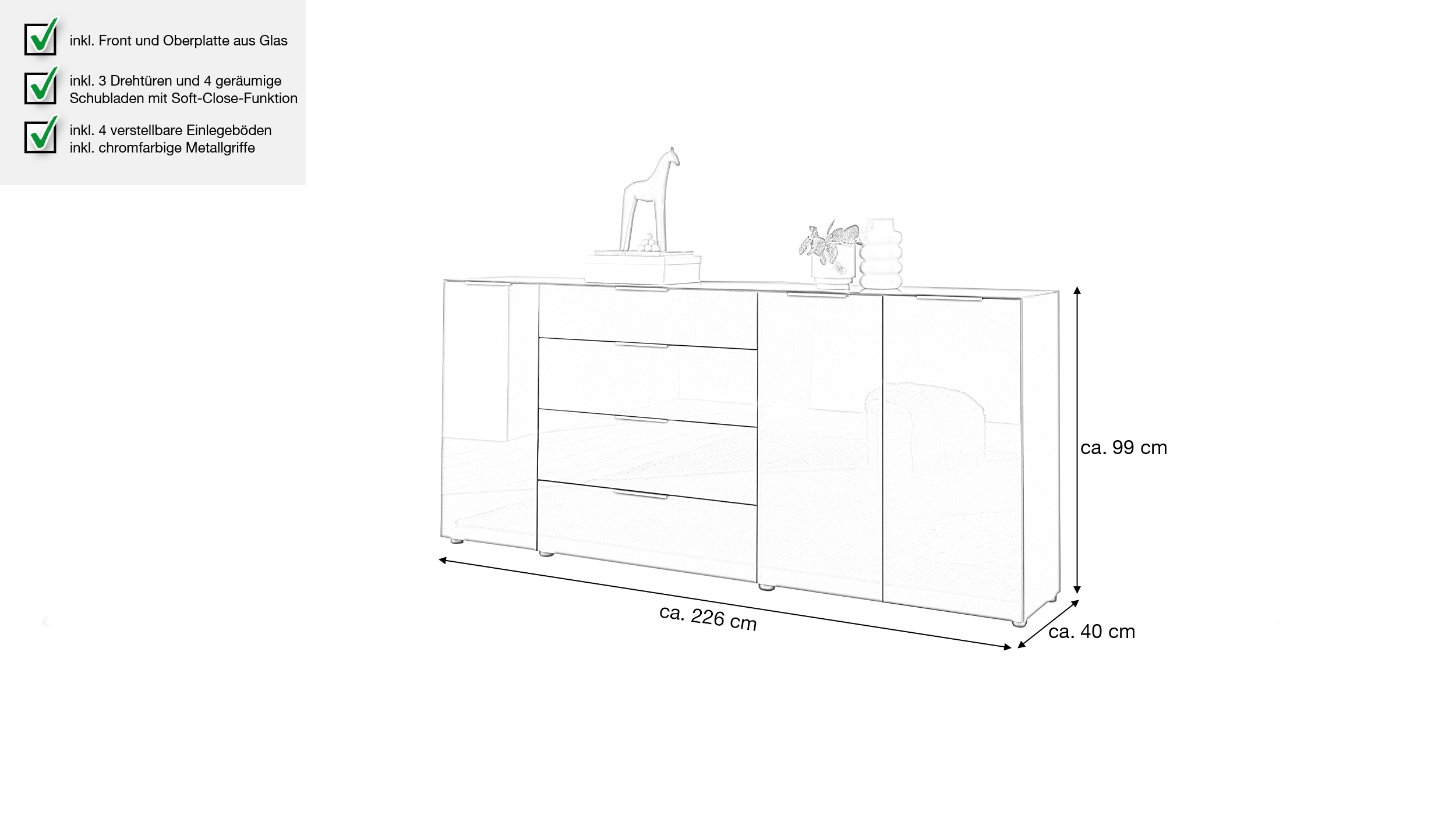 Sideboard 4 Schubladen - anthrazit - Glasfront - 226 cm - SANTORIN