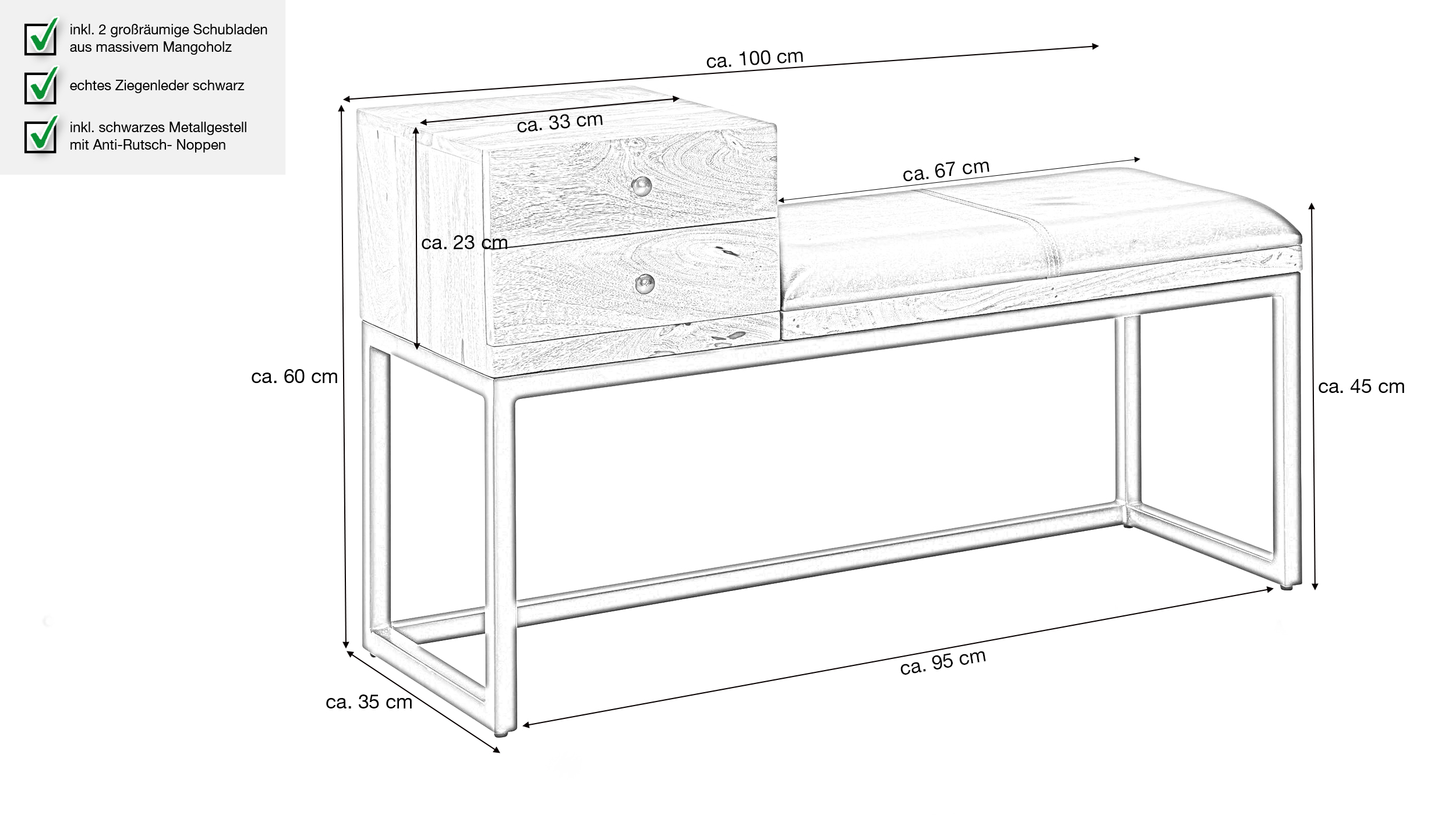 Sitzbank mit Schubladen 100 cm Mangoholz massiv - Leder - MAIGA