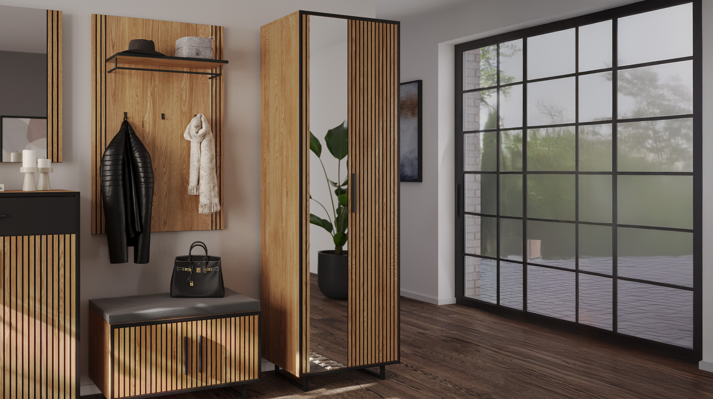 Garderobenschrank mit Spiegel Eiche teilmassiv geölt 70 cm - BELLA