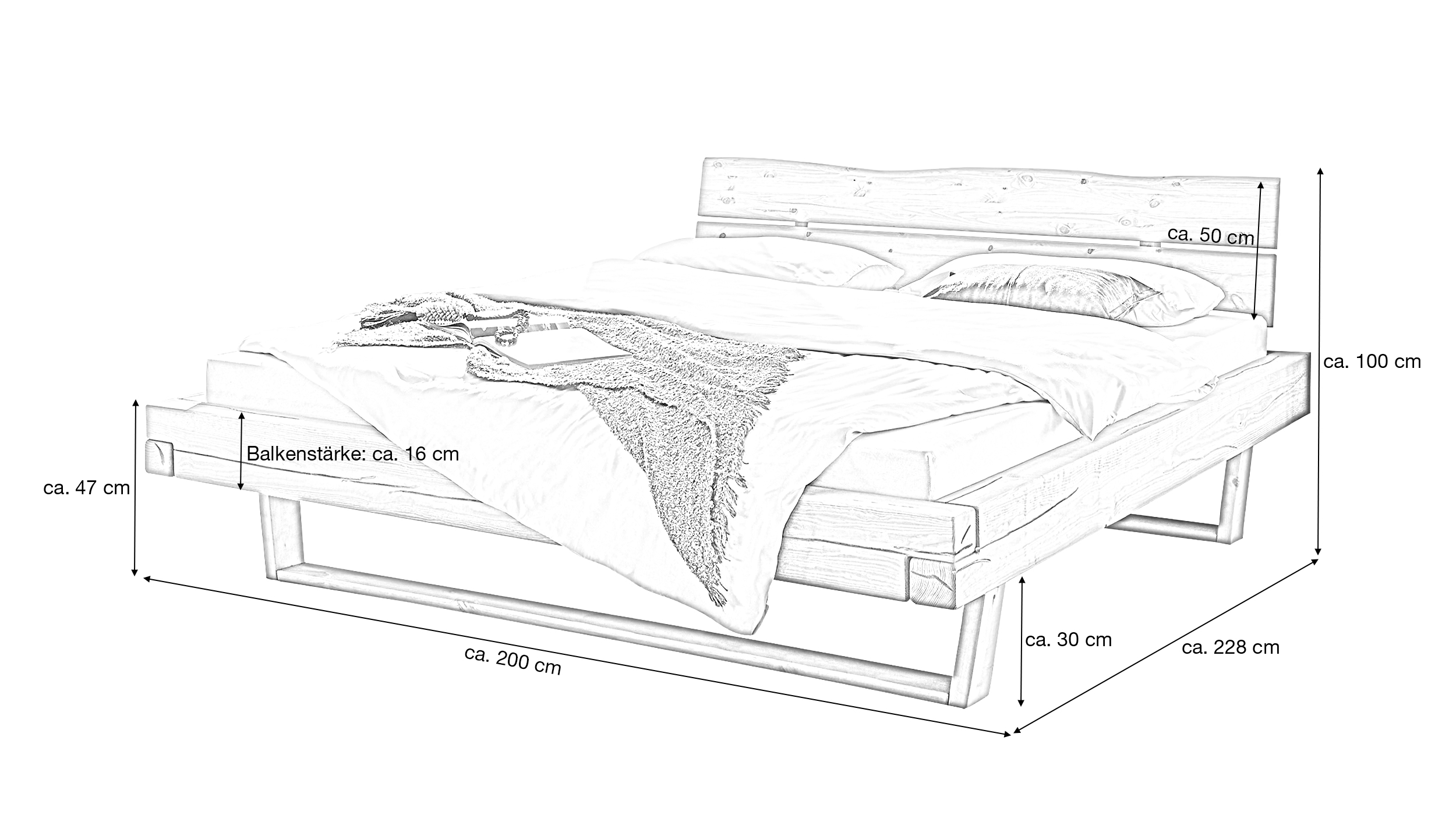 Balkenbett 180 cm Kiefer massiv Holzbeine - LIVAN