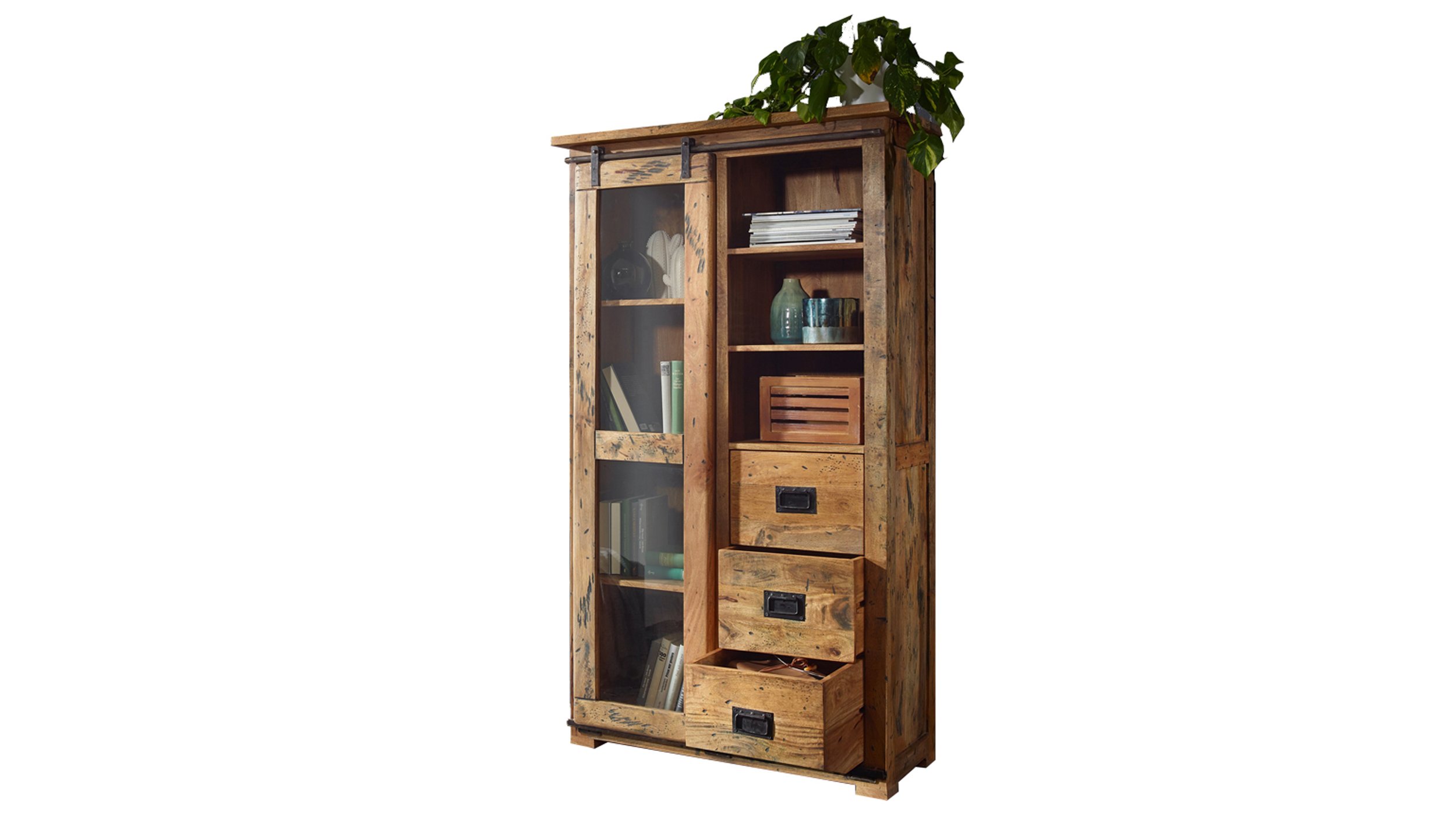 Vitrine mit Schiebetür Mango massiv Breite 100 cm - EMANUEL