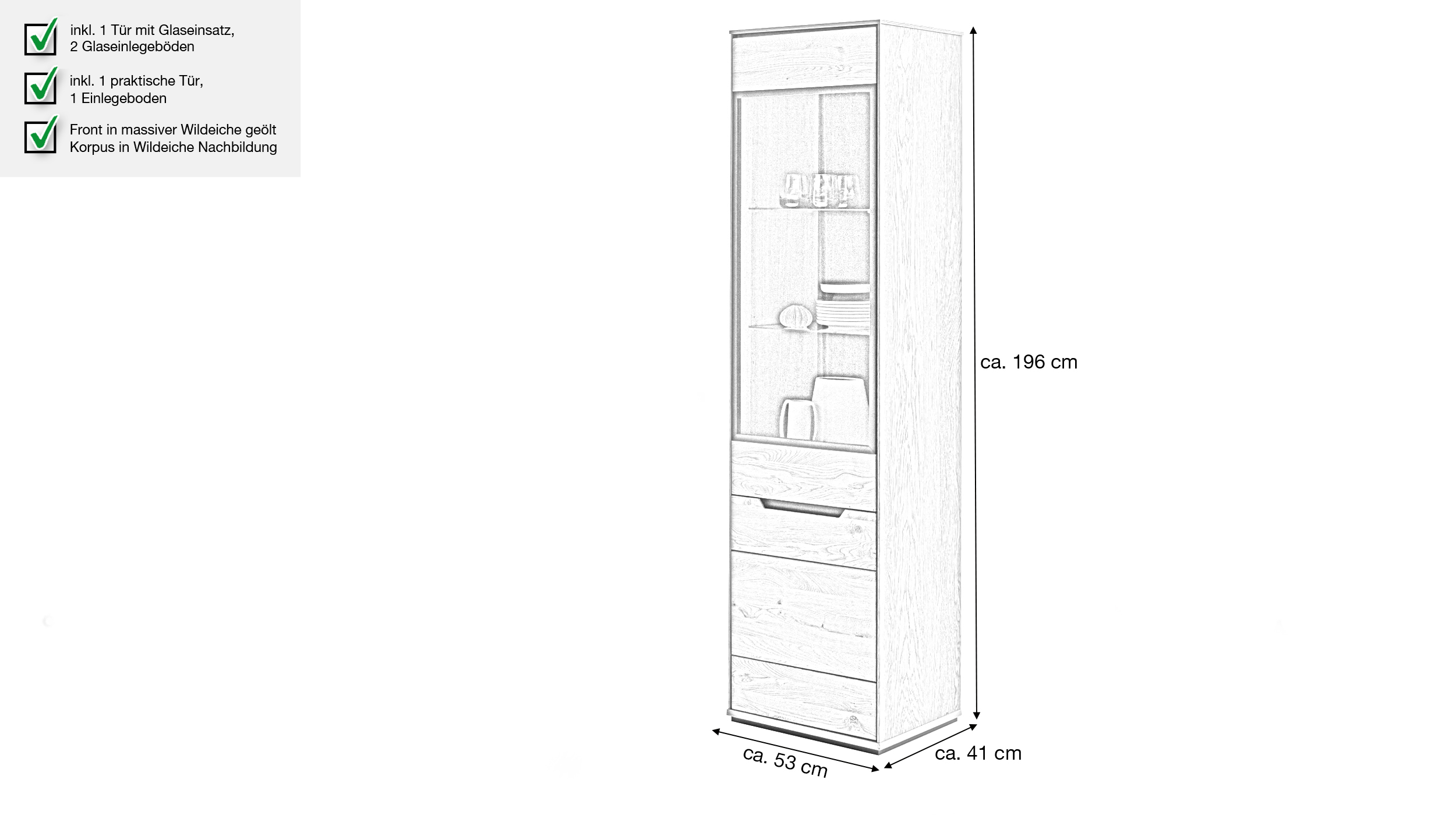 Vitrine mit Glastür Wildeiche teilmassiv geölt Breite 53 cm - ARAYA
