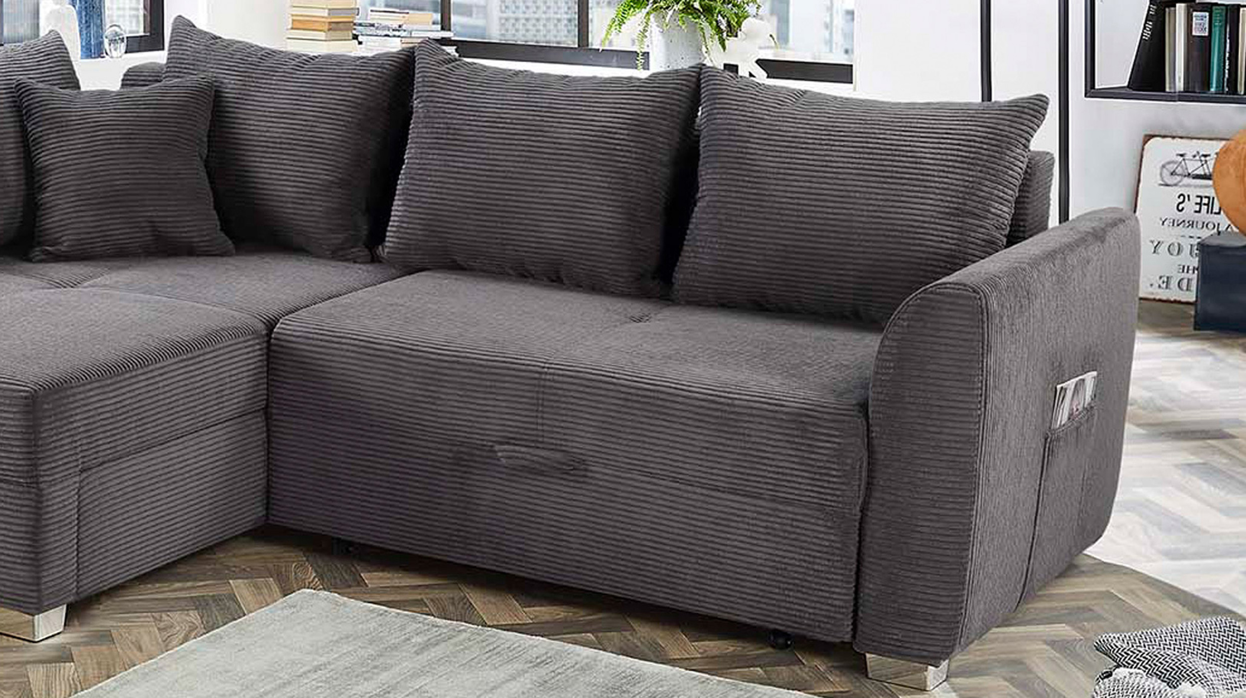 Ecksofa Cord Schlaffunktion Bettkasten grau 236 cm - BOOMER