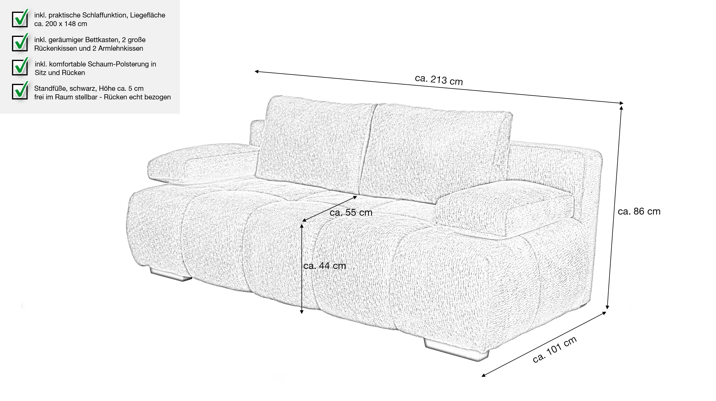 Schlafsofa grau mit Bettkasten 213 cm - RENO