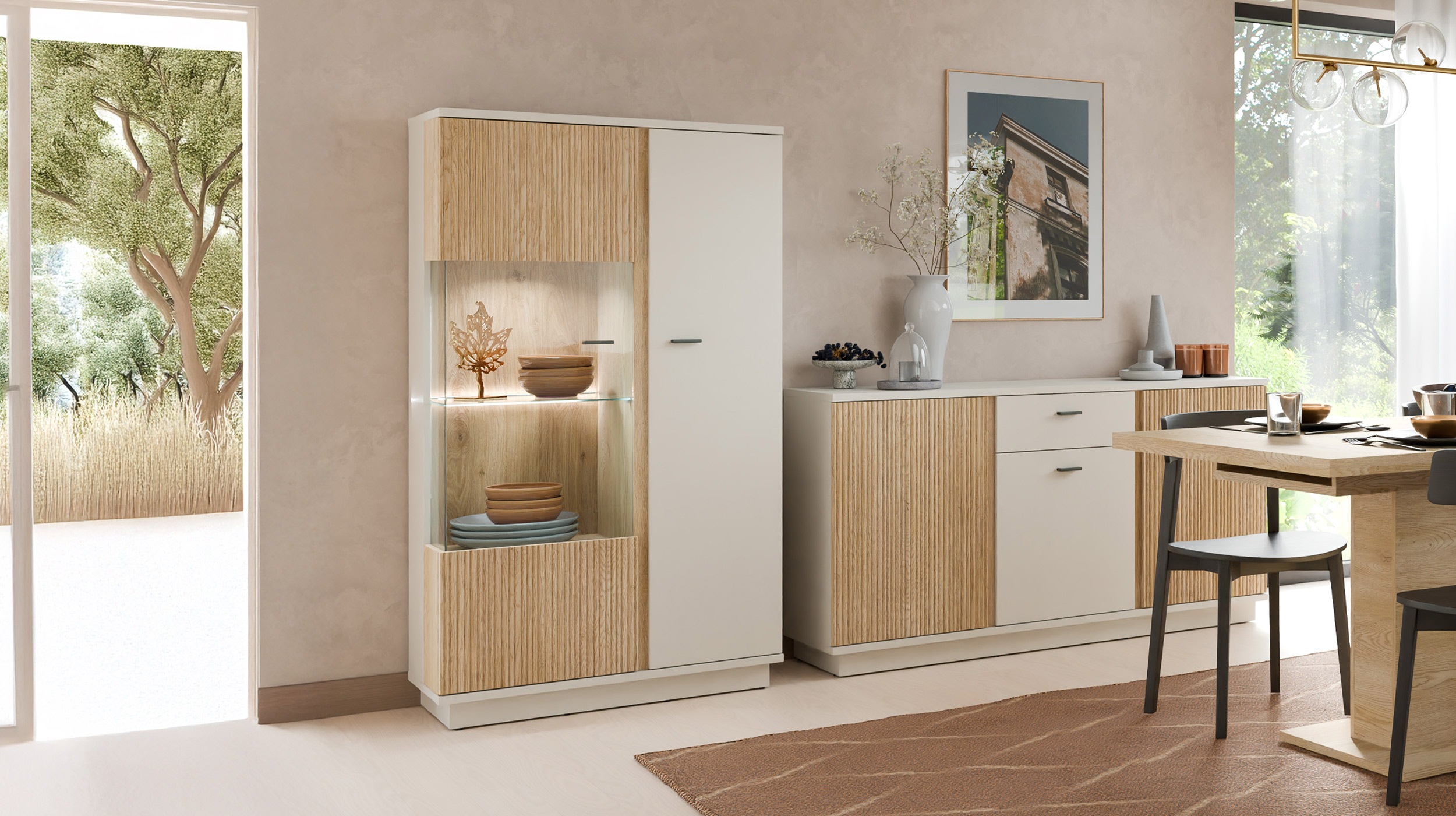 Vitrine mit Glastür beige - Eiche - Breite 87 cm - MOSANO