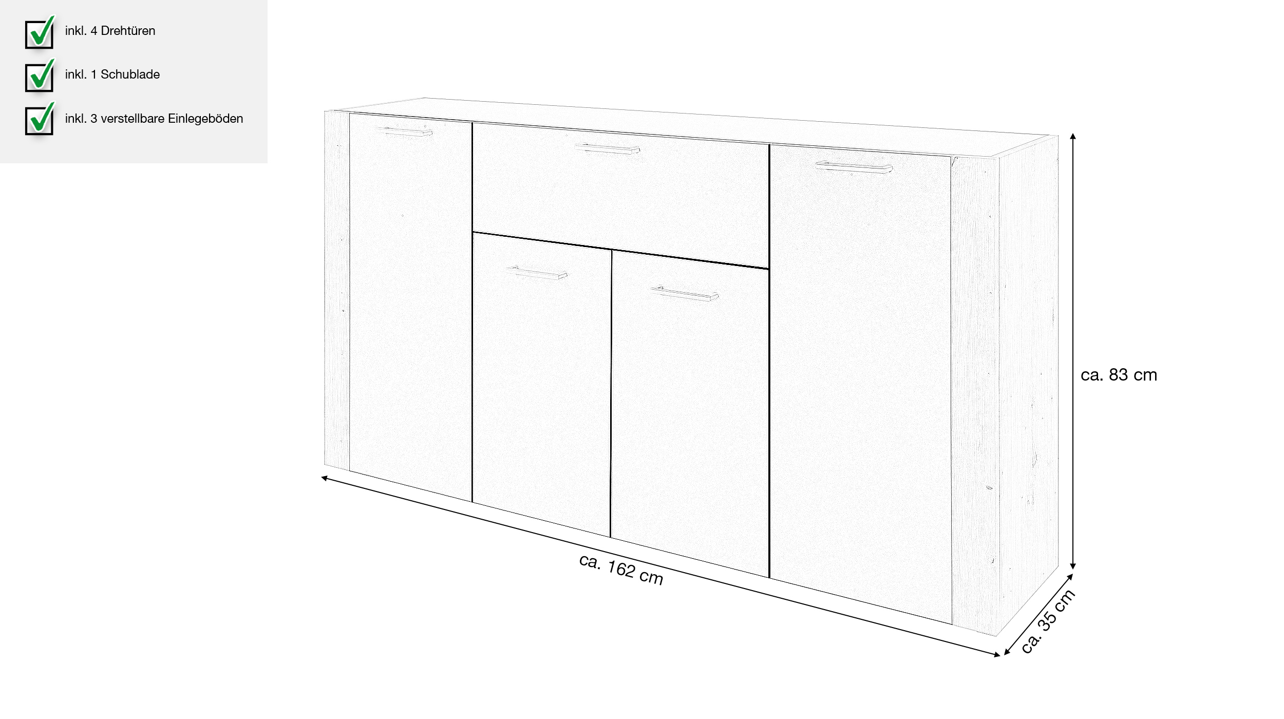 Sideboard mit Schublade anthrazit Artisan Eiche 162 cm - CENTO