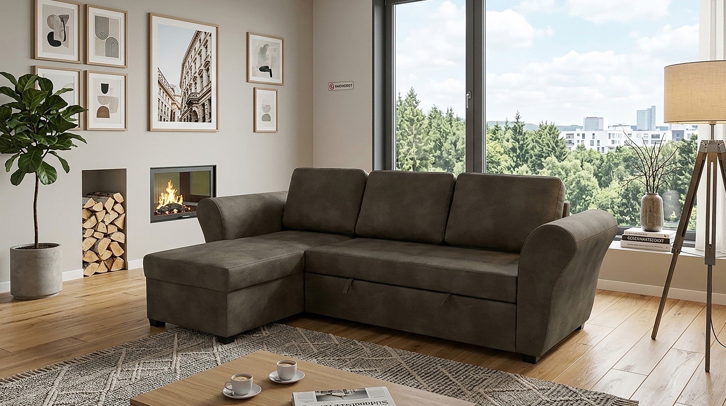 Ecksofa mit Schlaffunktion braun Bettkasten 260 cm - LASSE