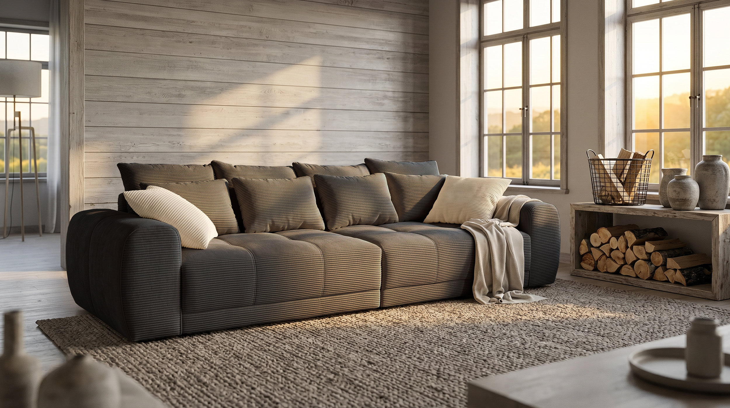 Big Sofa Cord grau - 308 cm - Federkern - JANNI