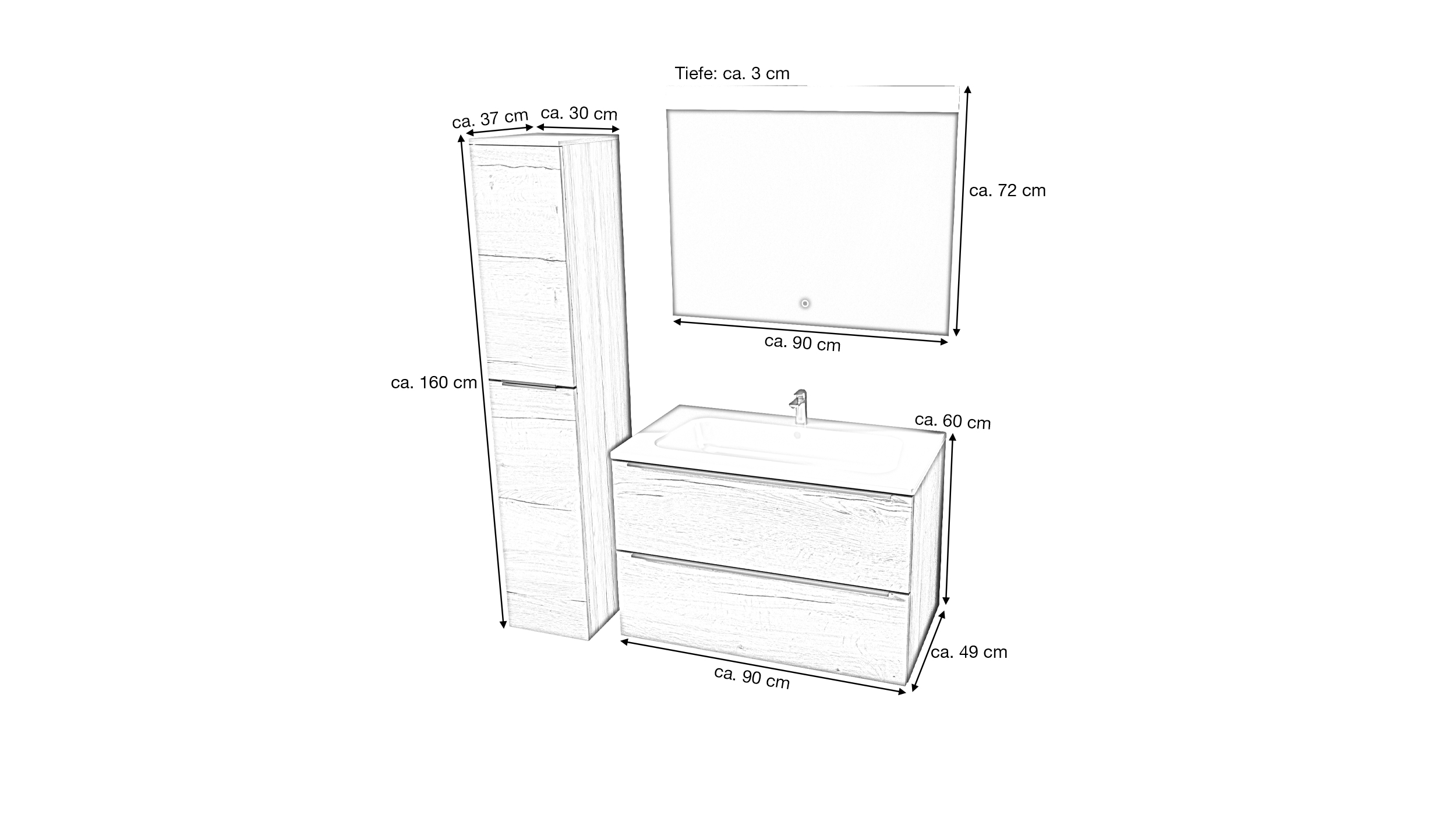Badmöbel-Set Eiche - 3 Teile mit HS - Waschtisch 90 cm - SOLVEIG
