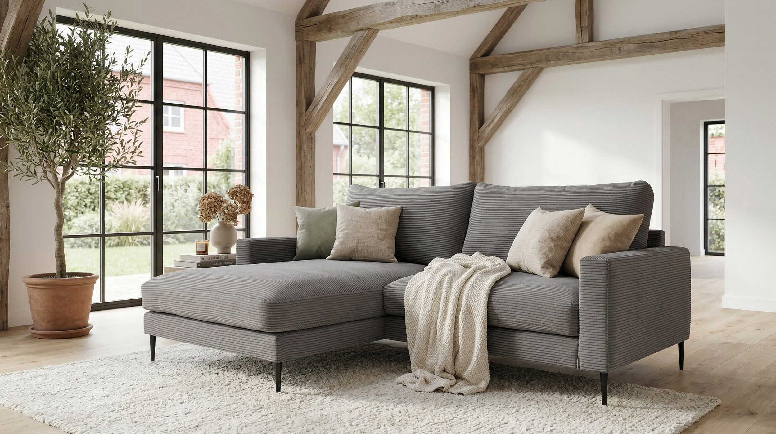 Ecksofa Cord grau 220 x 164 cm - OT links - NORDVIK