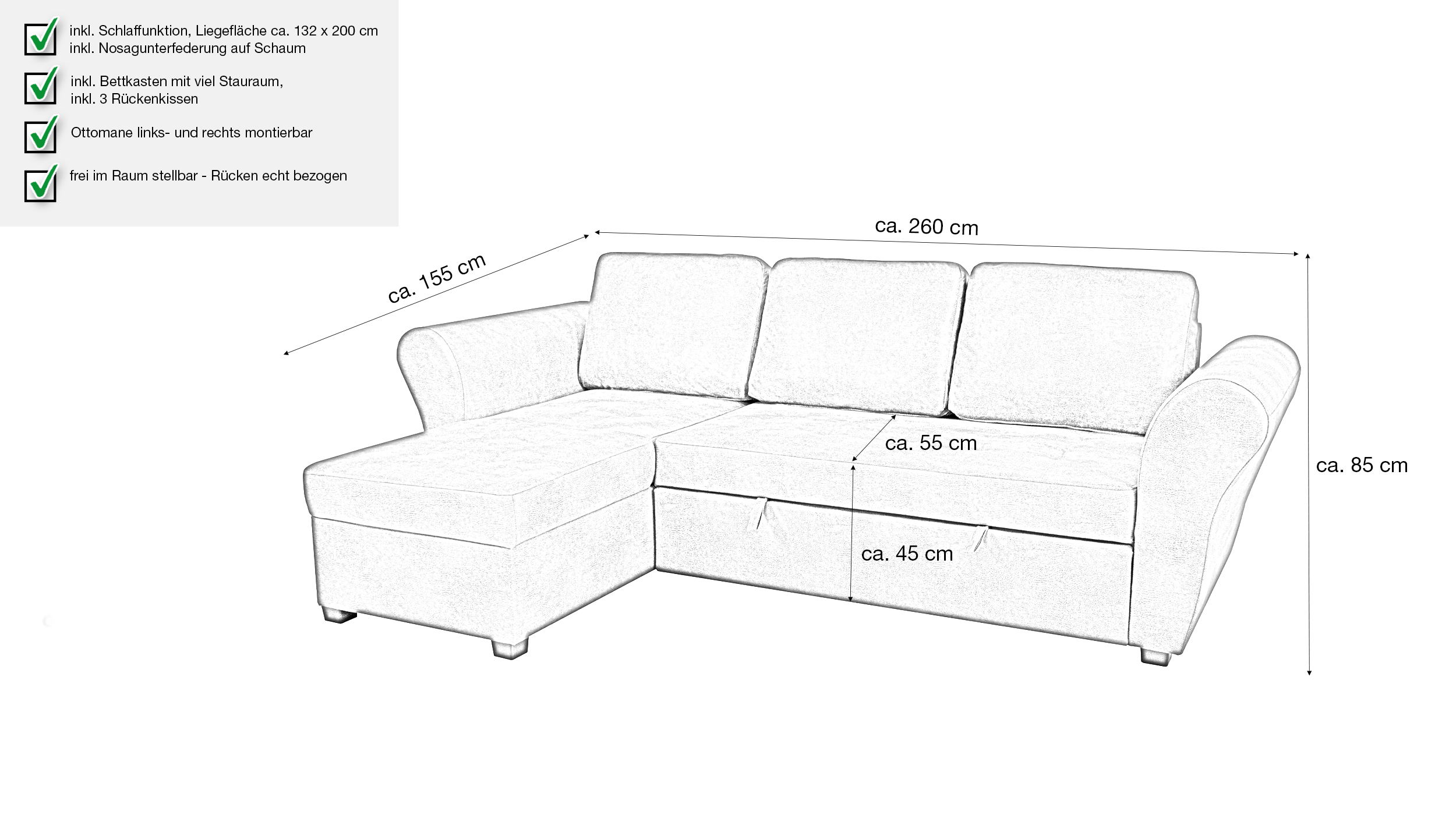 Ecksofa mit Schlaffunktion braun Bettkasten 260 cm - LASSE