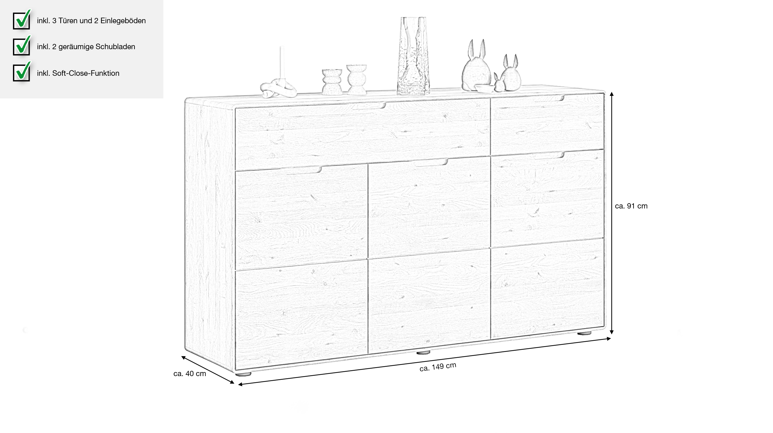 Sideboard mit 2 Schubladen Wildeiche massiv 149 cm - LUCAS