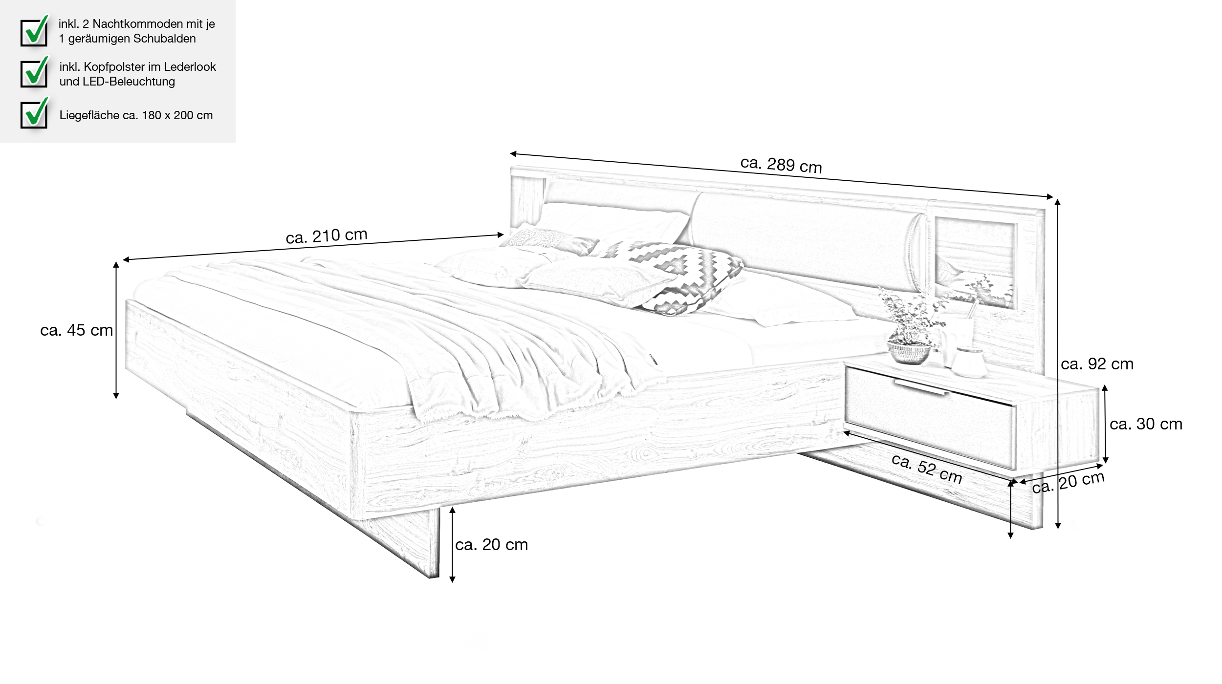 Bettanlage 180 x 200 cm Plankeneiche graphit - VALENCIA