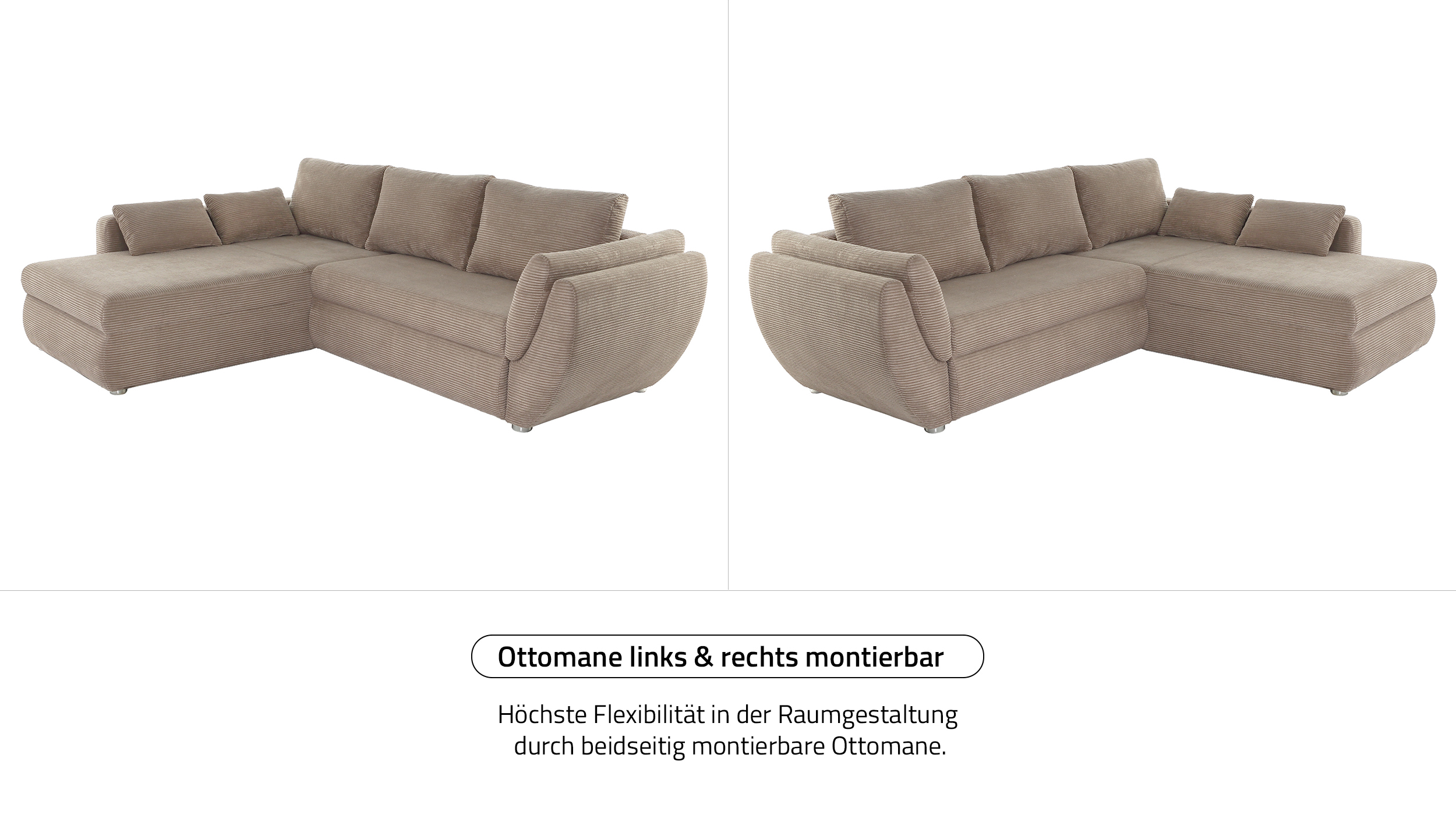 Ecksofa Cord taupe - Schlaffunktion Bettkasten 272 cm - TAIFUN