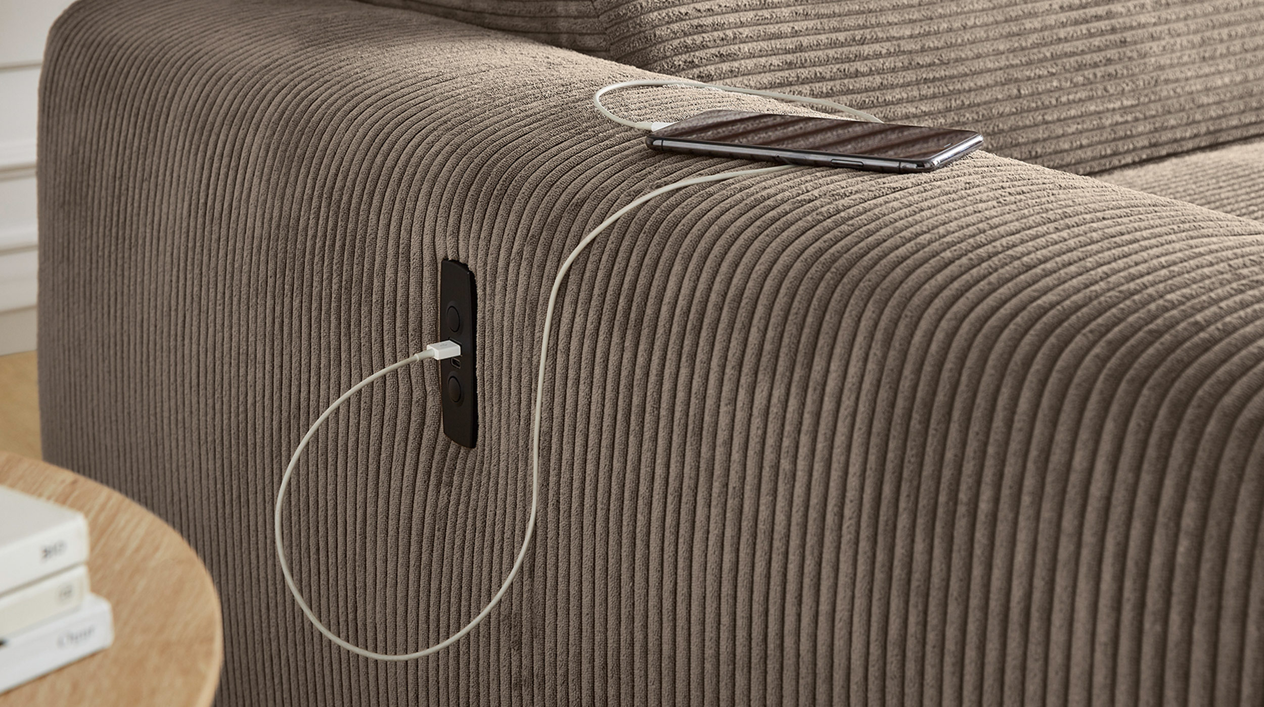 Ecksofa Cord elektrisch ausfahrbar taupe 277 cm - SLIDER
