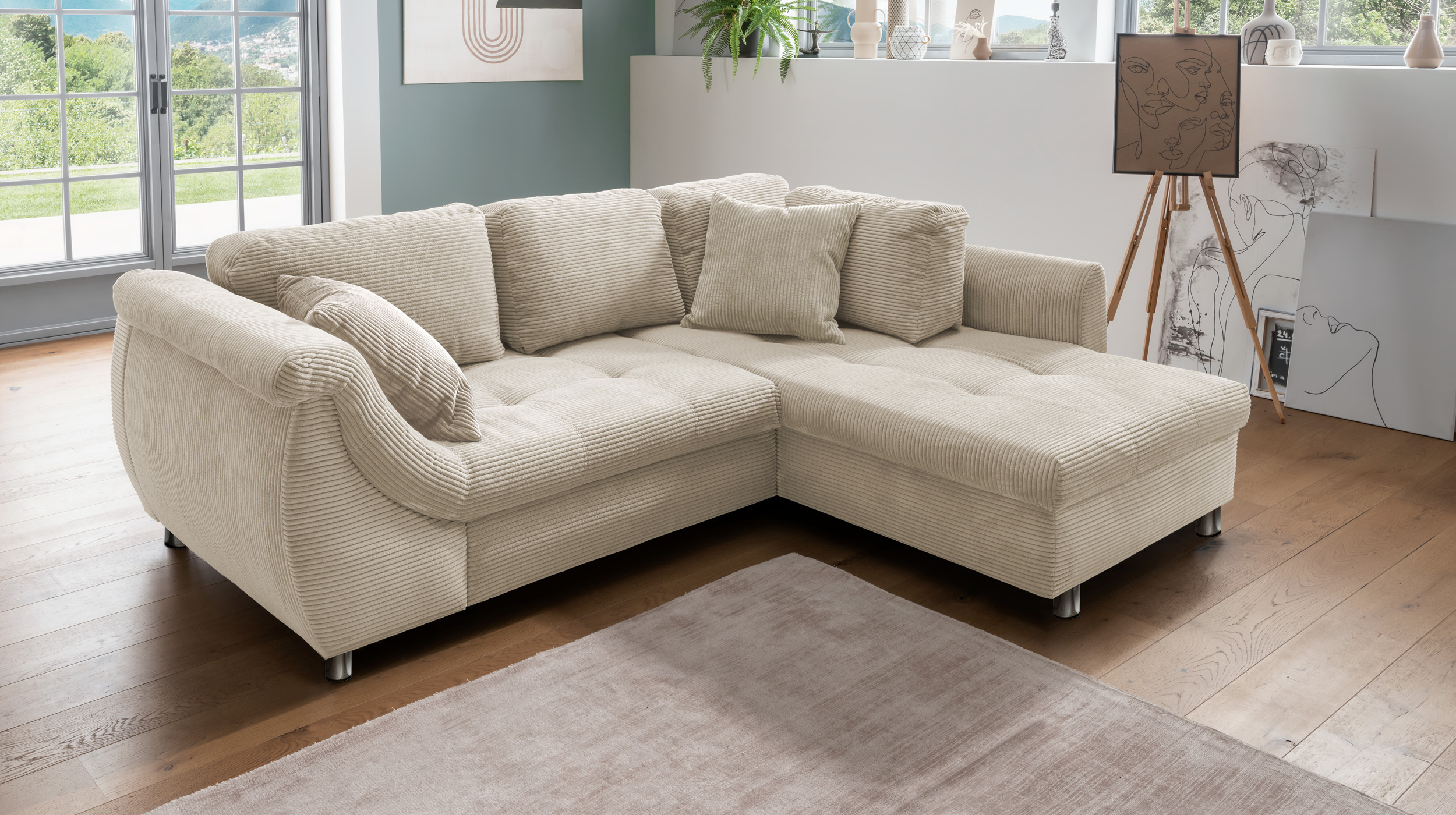 Ecksofa Cord beige Schlaffunktion OT rechts - LUNARO
