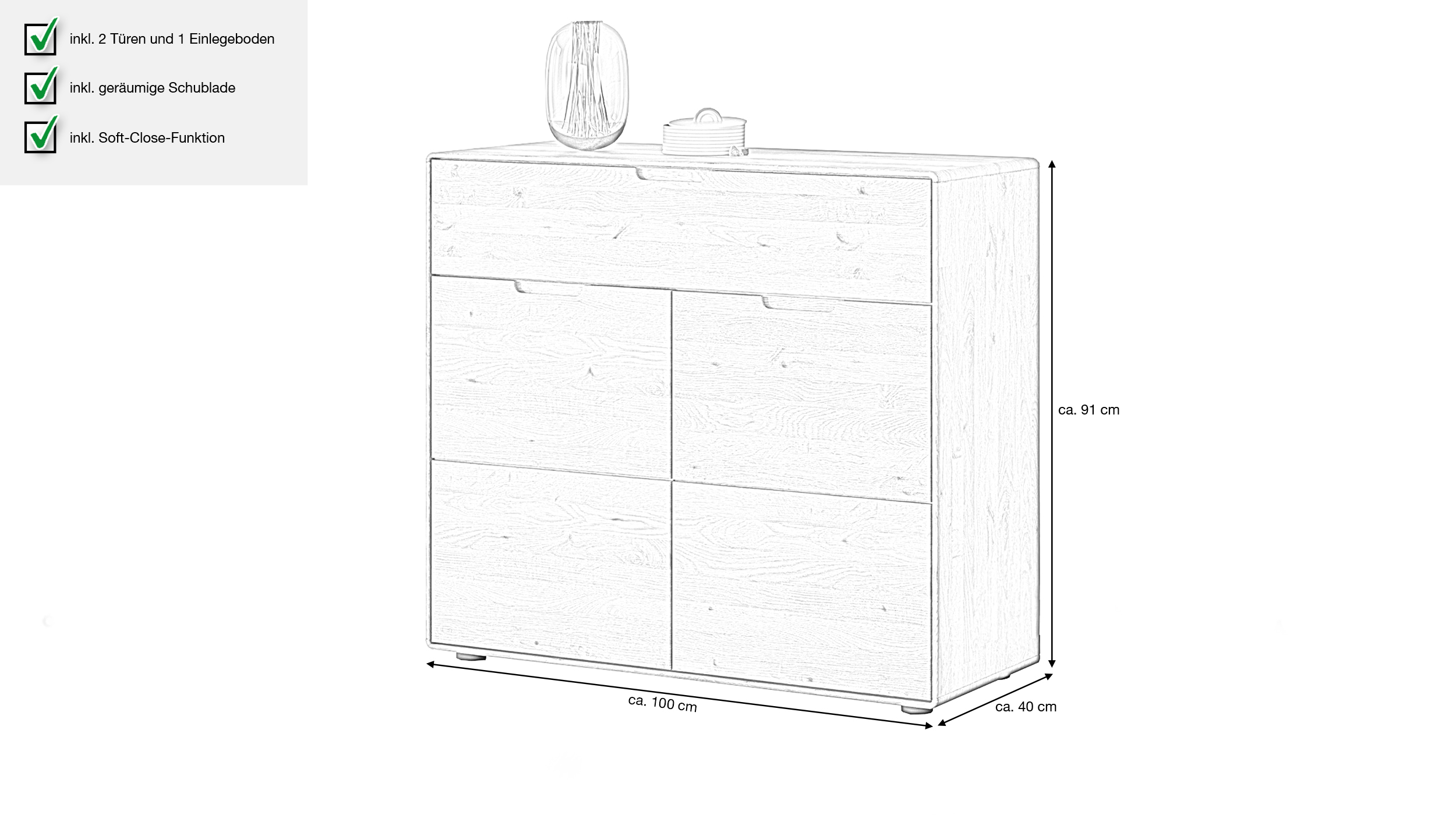 Kommode mit Schublade Wildeiche massiv 100 x 40 cm - LUCAS