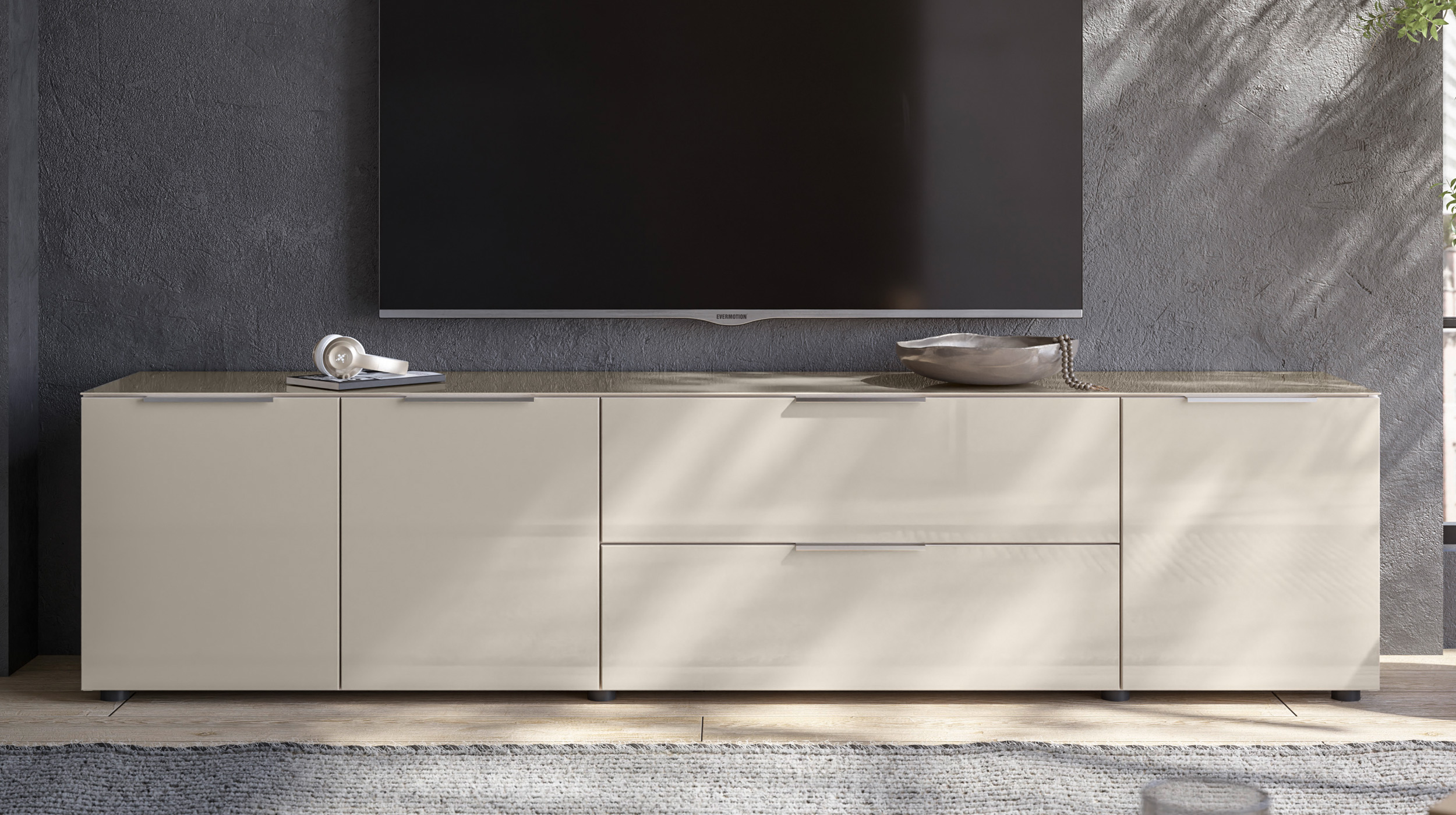 TV-Lowboard beige - Glasfront - 226 cm - SANTORIN
