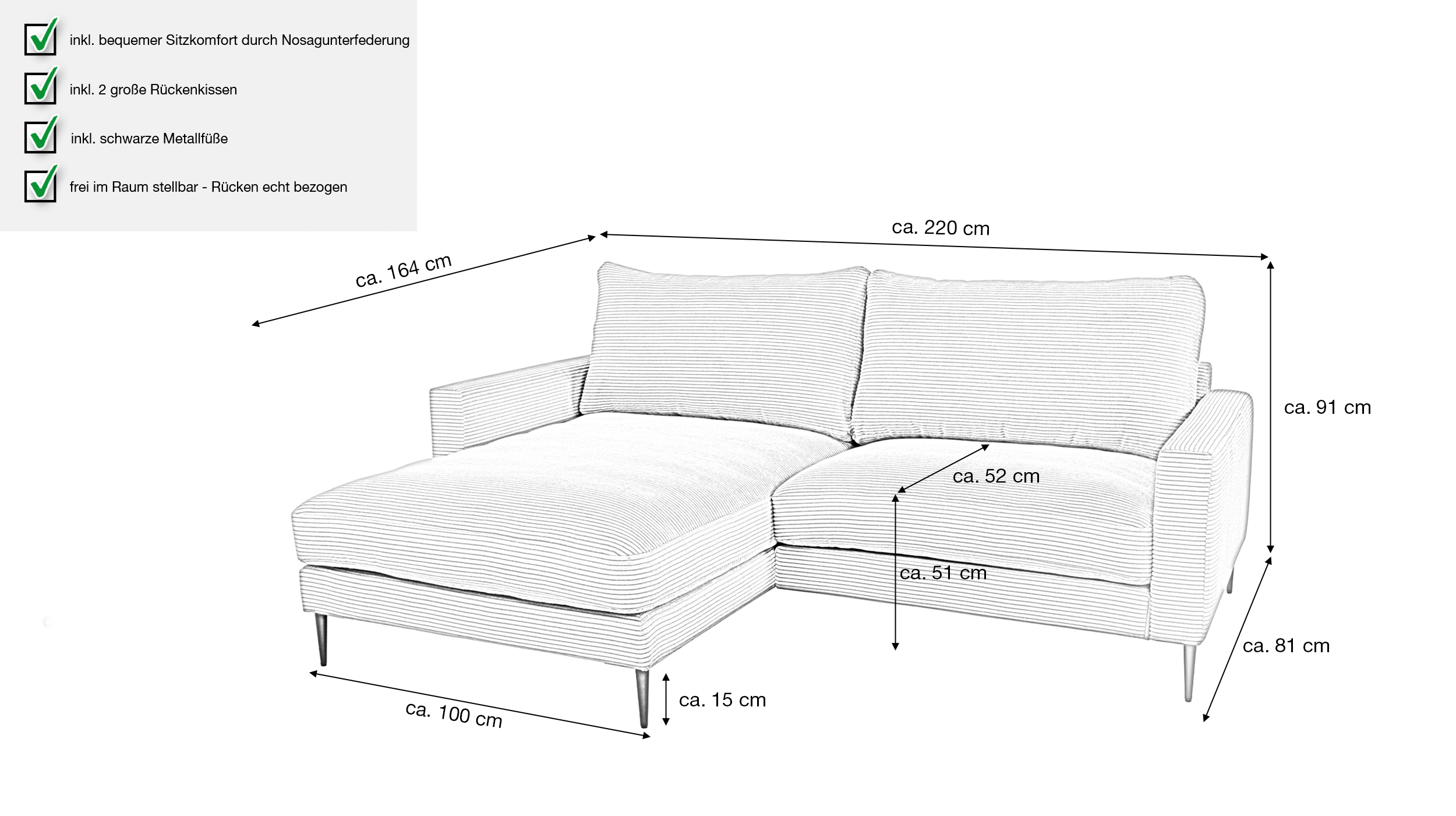 Ecksofa Cord grau 220 x 164 cm - OT links - NORDVIK