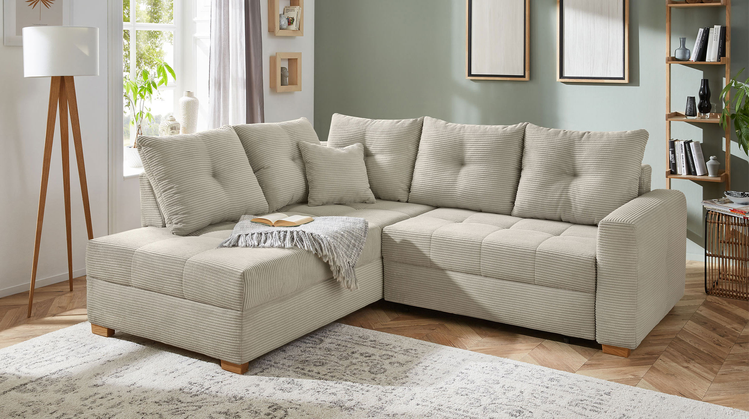 Ecksofa Cord grau-beige 228 cm - Schlaffunktion Bettkasten - HEIDELBERG